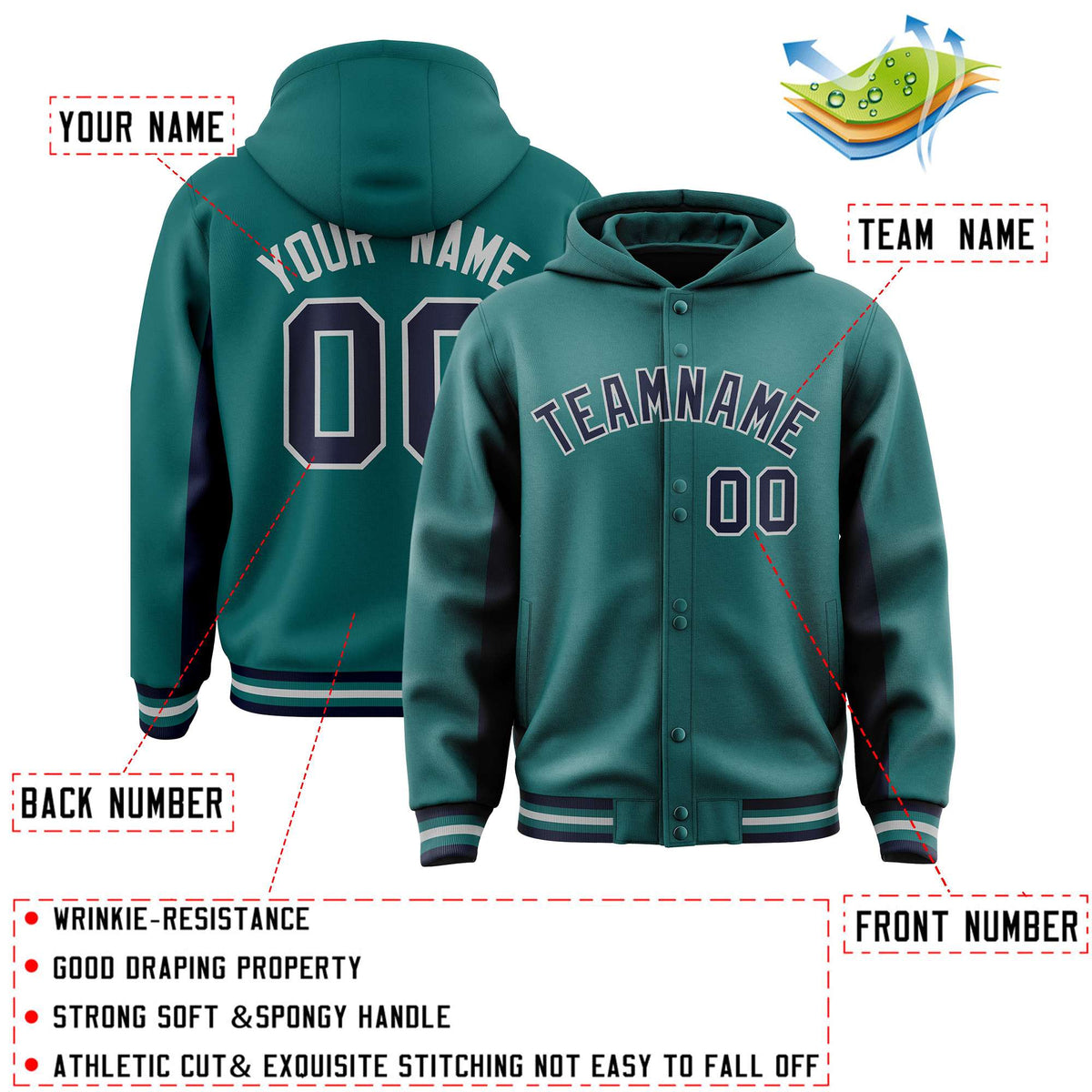Custom Aqua Navy Color Block Varsity Full-Snap Letterman Jacket Hoodie| KXKSHOP