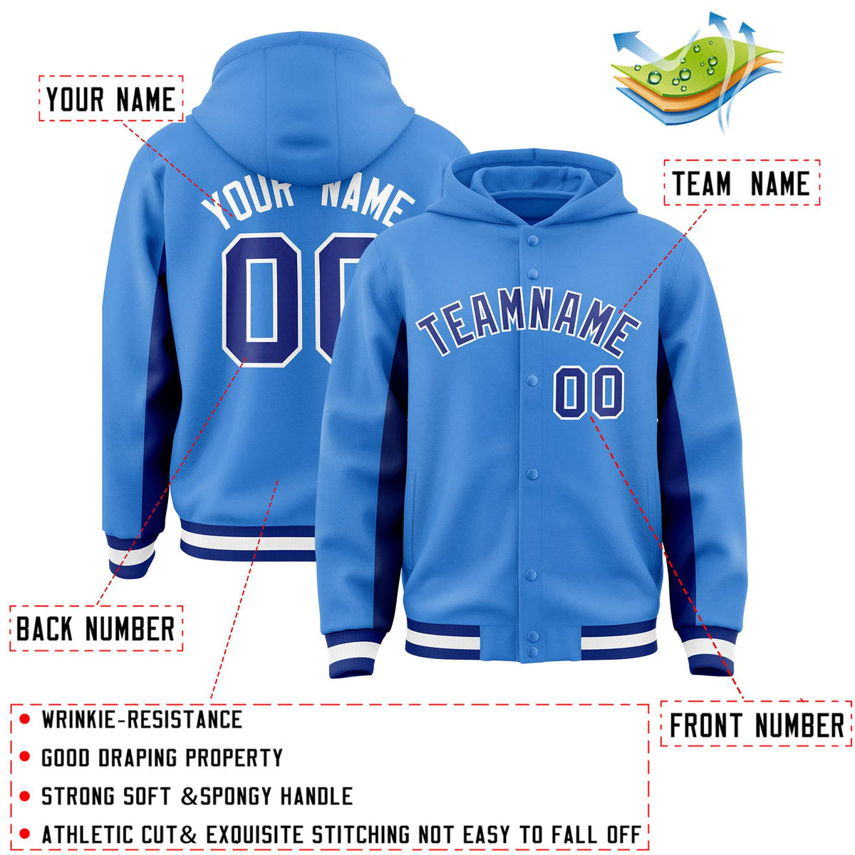 Custom Powder Blue Royal Color Block Varsity Full-Snap Letterman Jacket Hoodie| KXKSHOP