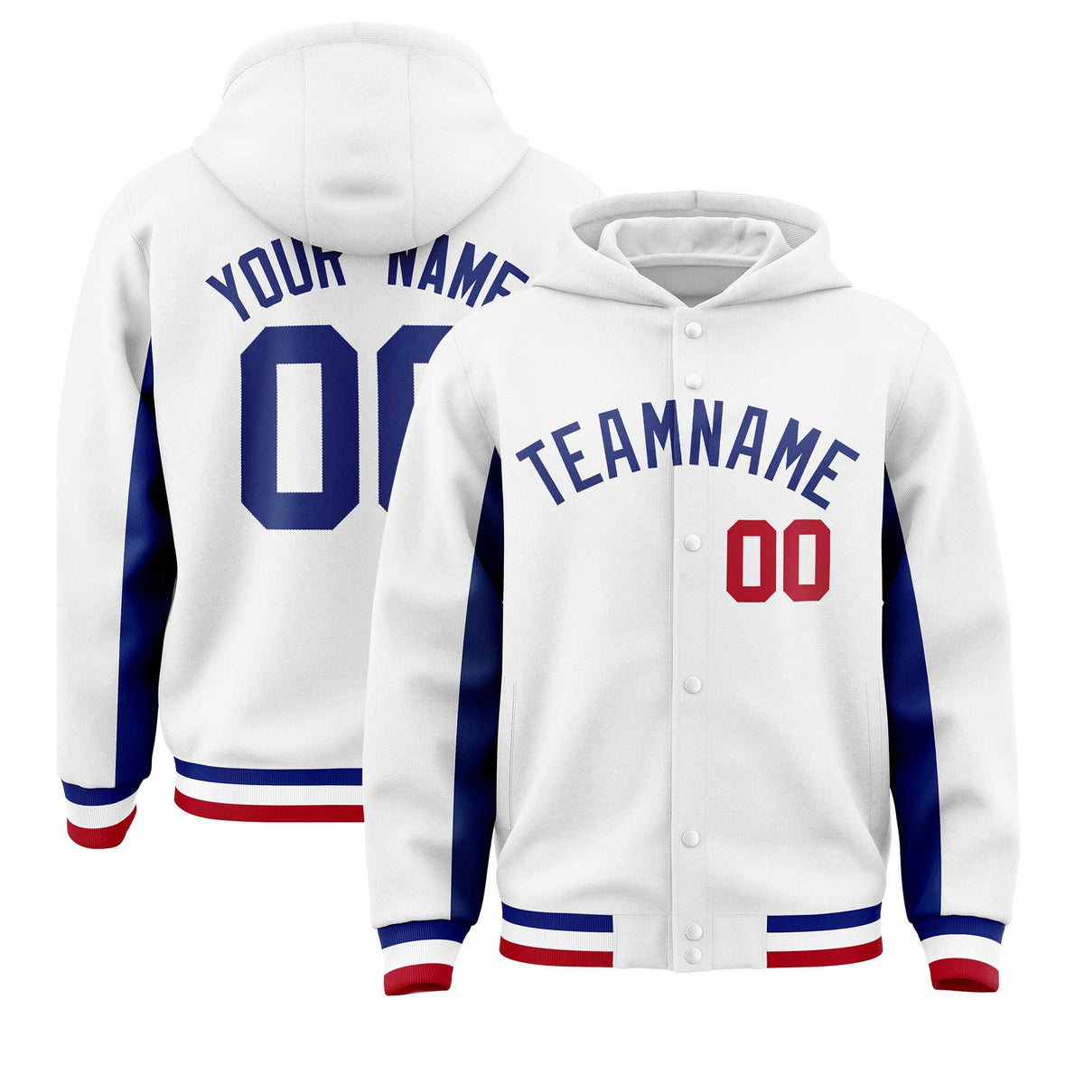Custom White Royal Color Block Varsity Full-Snap Letterman Jacket Hoodie| KXKSHOP