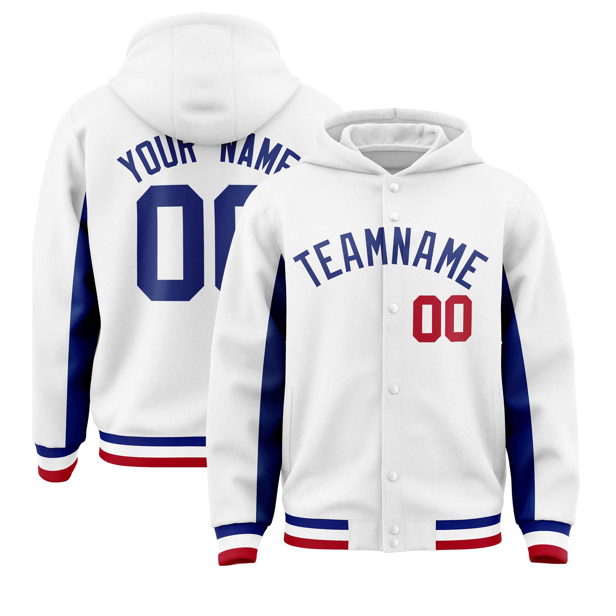 Custom White Royal Color Block Varsity Full-Snap Letterman Jacket Hoodie| KXKSHOP