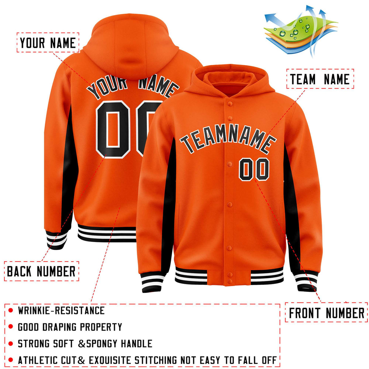 Custom Orange Black Color Block Varsity Full-Snap Letterman Jacket Hoodie| KXKSHOP