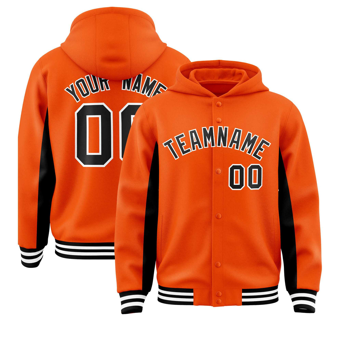 Custom Orange Black Color Block Varsity Full-Snap Letterman Jacket Hoodie| KXKSHOP