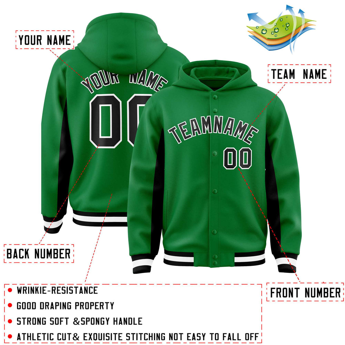 Custom Kelly Green Black Color Block Varsity Full-Snap Letterman Jacket Hoodie| KXKSHOP
