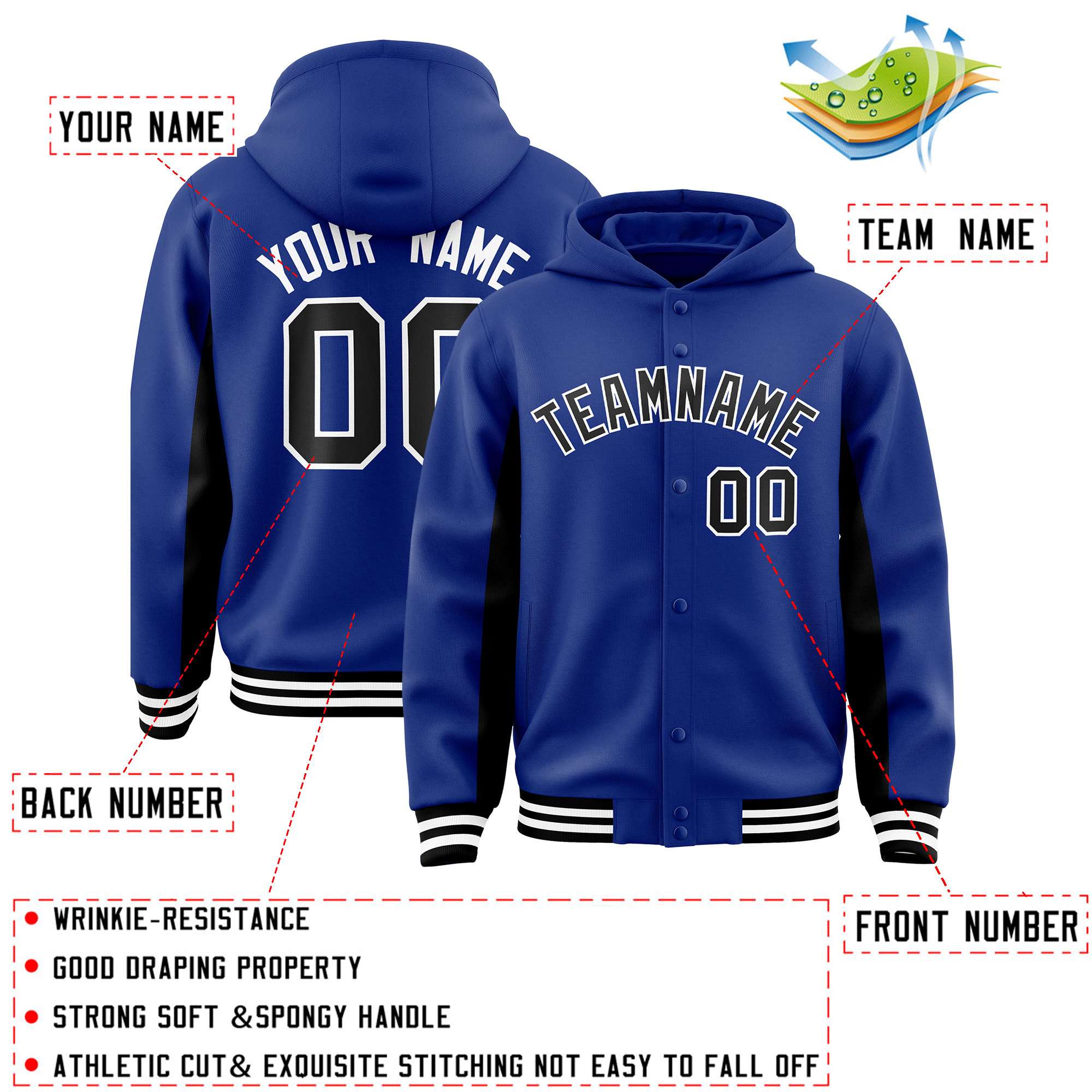 Custom Royal Black Color Block Varsity Full-Snap Letterman Jacket Hoodie| KXKSHOP