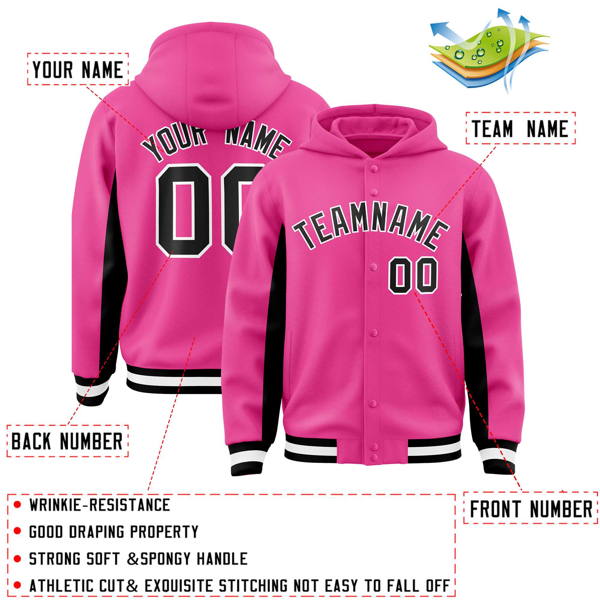 Custom Pink Black Color Block Varsity Full-Snap Letterman Jacket Hoodie| KXKSHOP