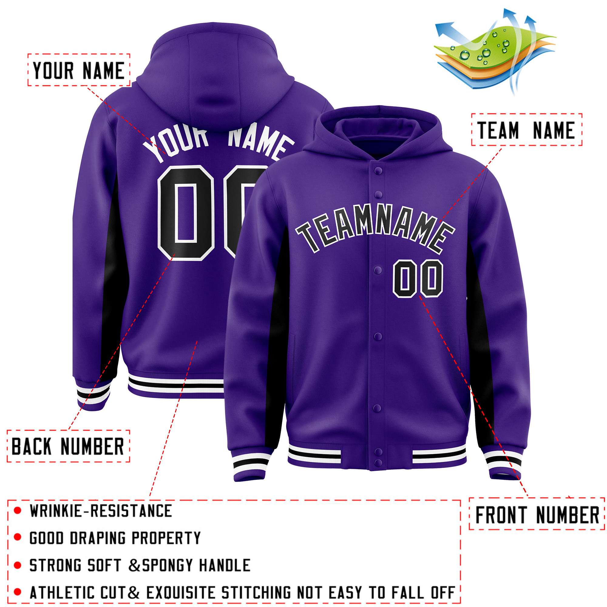 Custom Purple Black Color Block Varsity Full-Snap Letterman Jacket Hoodie| KXKSHOP
