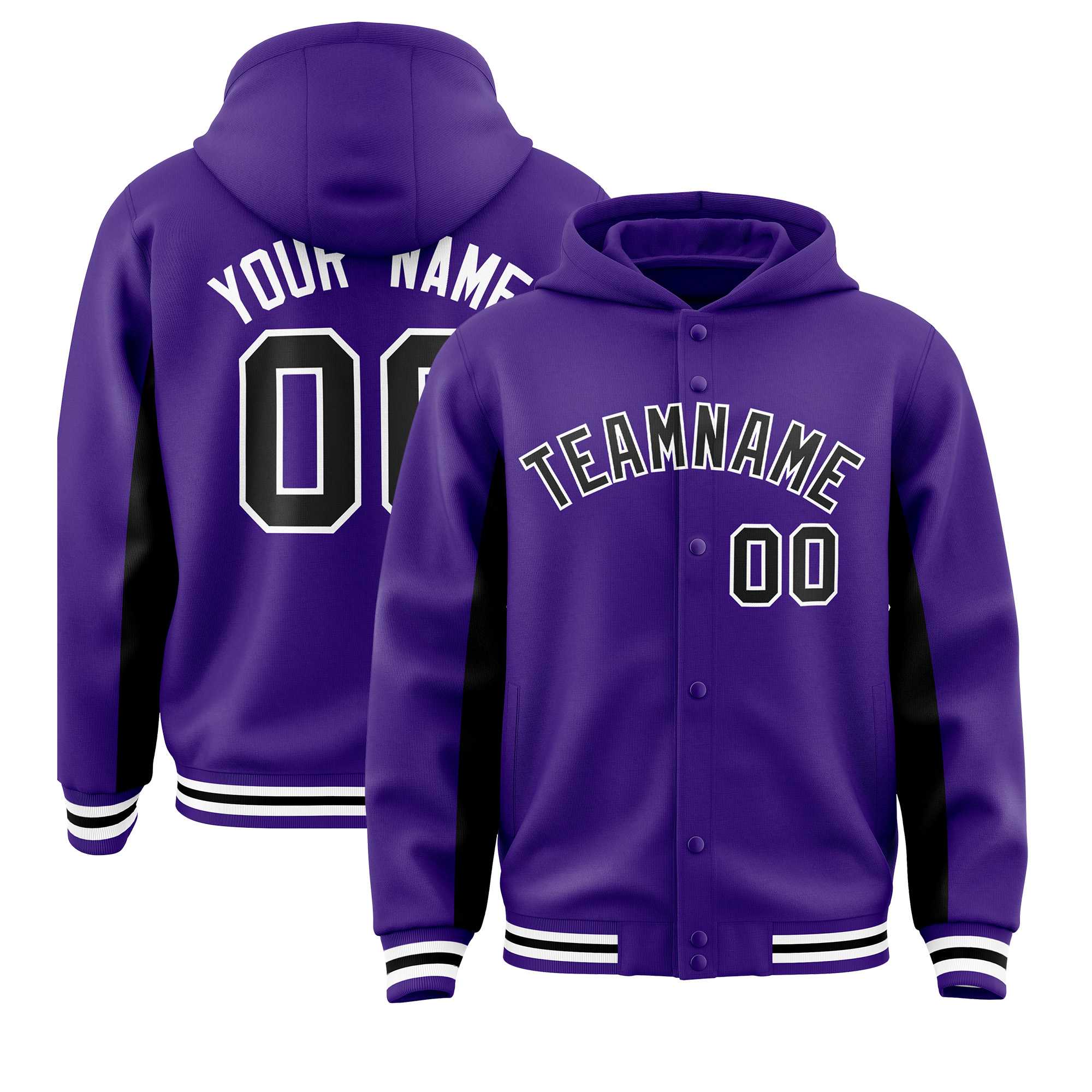Custom Purple Black Color Block Varsity Full-Snap Letterman Jacket Hoodie| KXKSHOP