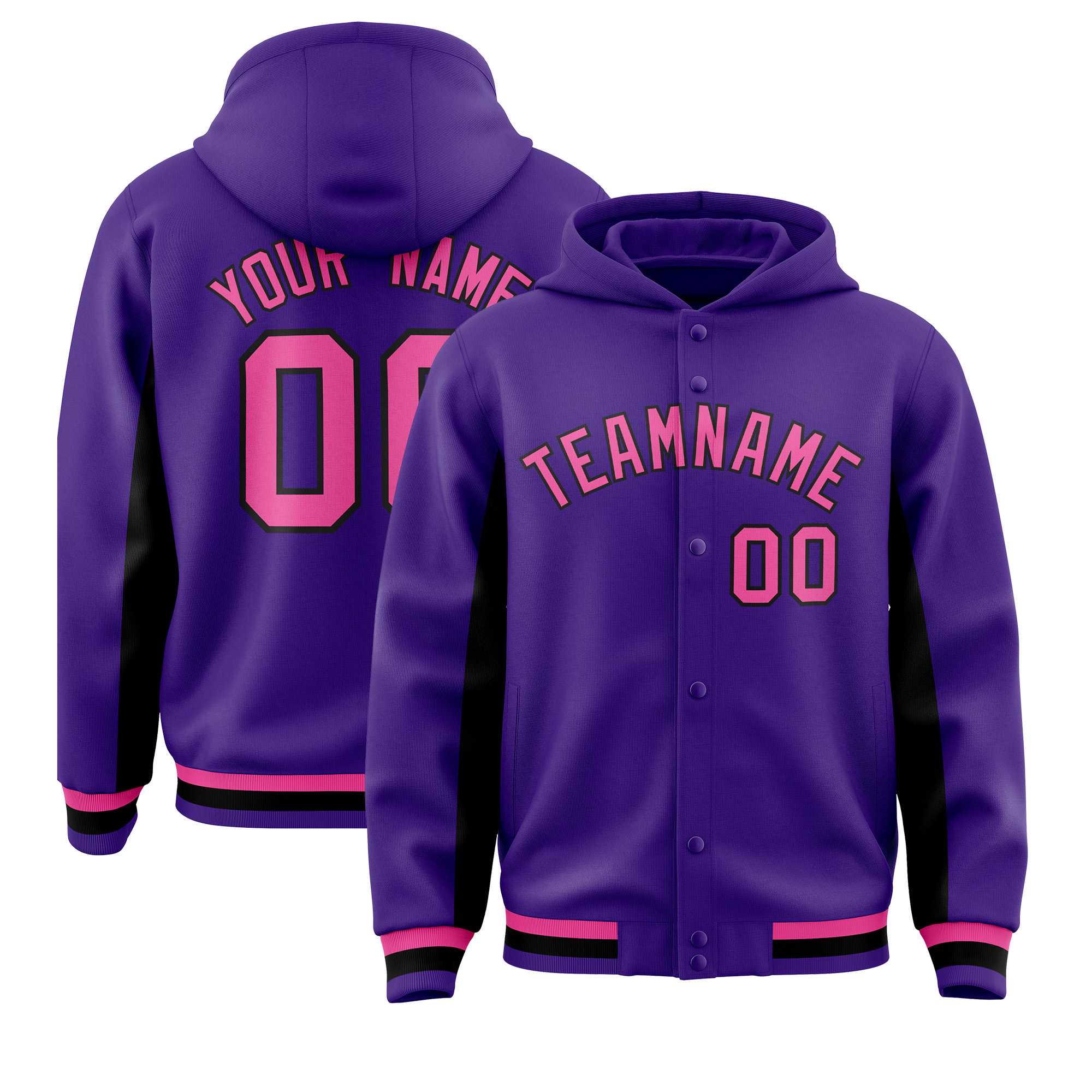 Custom Purple Black Color Block Varsity Full-Snap Letterman Jacket Hoodie| KXKSHOP