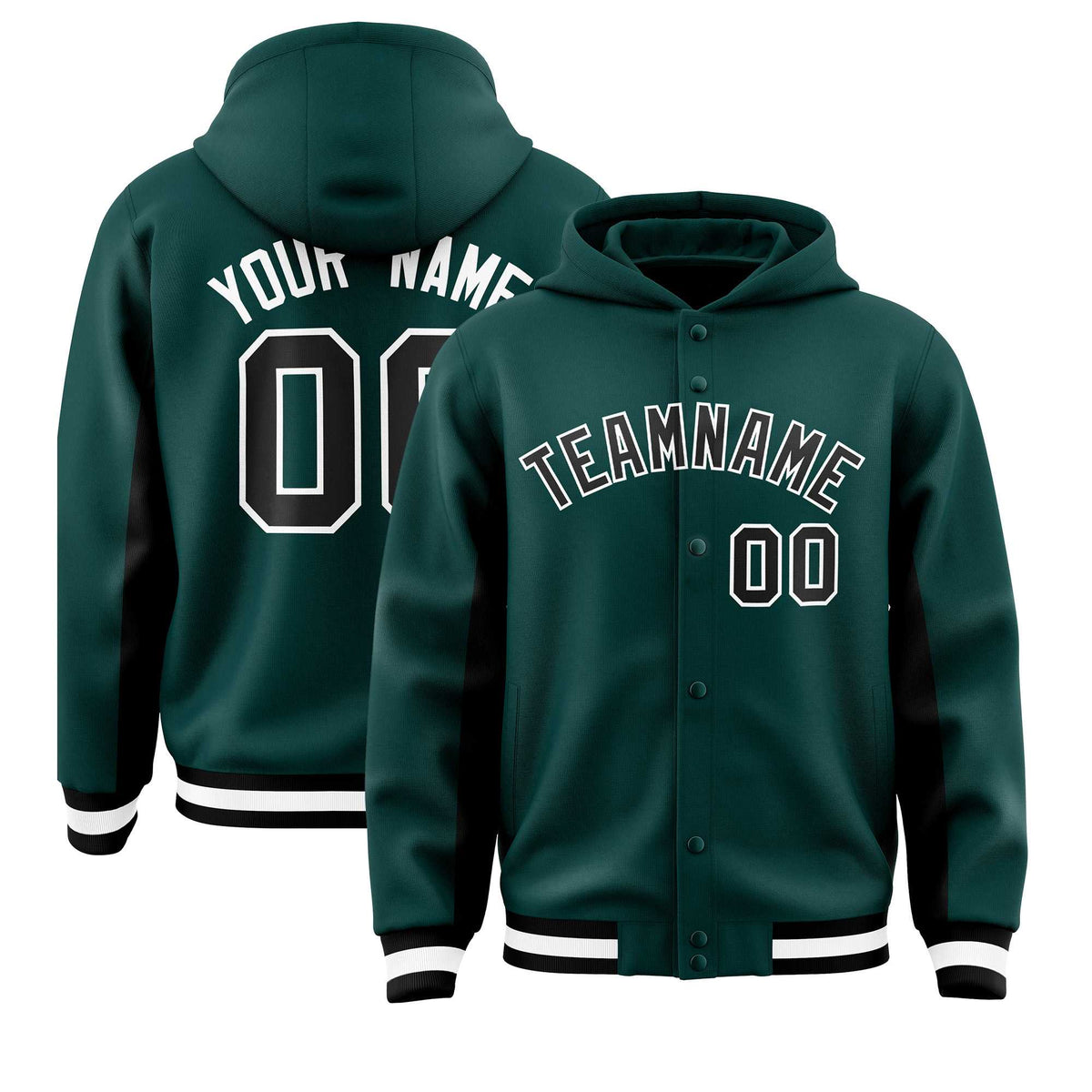Custom Midnight Green Black Color Block Varsity Full-Snap Letterman Jacket Hoodie| KXKSHOP
