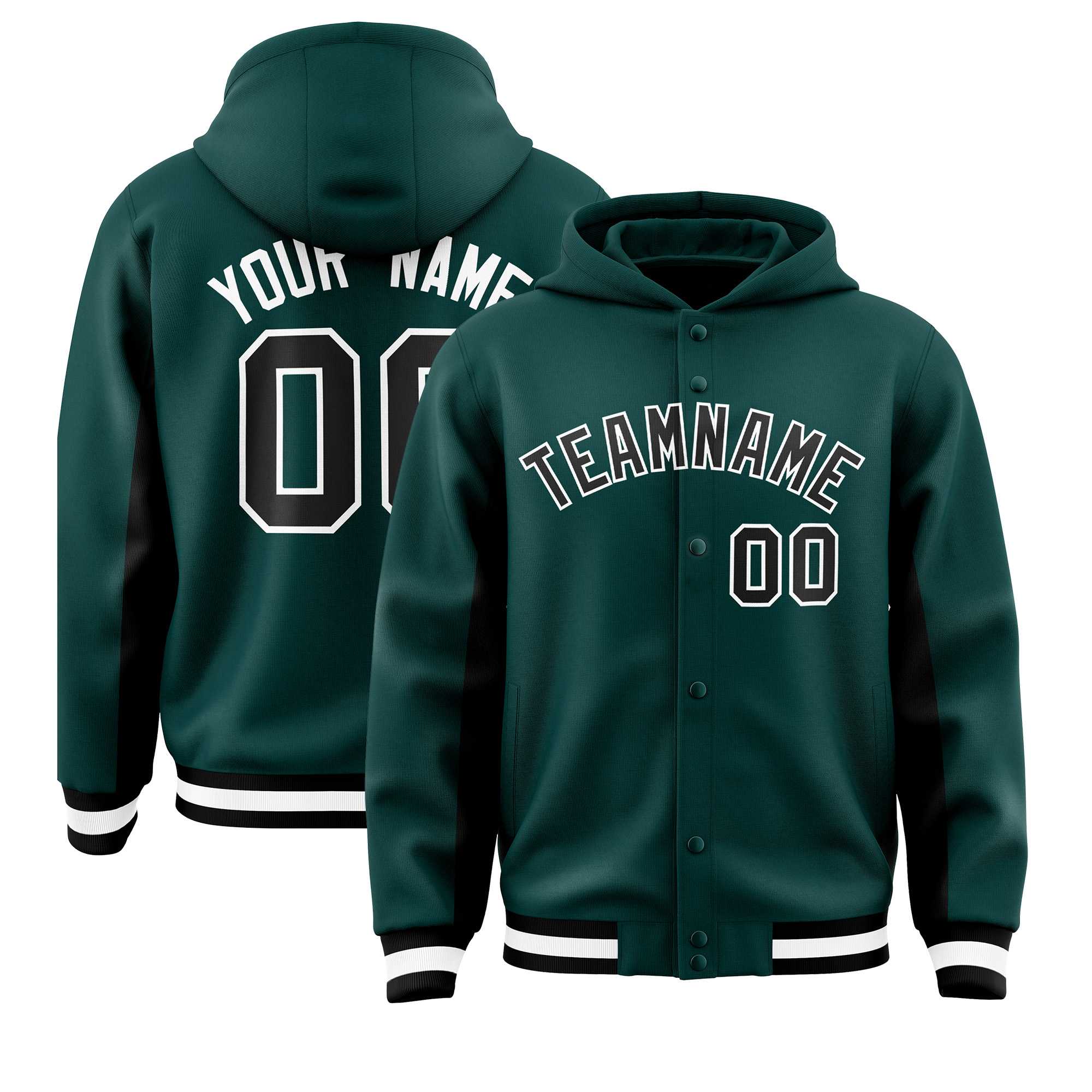 Custom Midnight Green Black Color Block Varsity Full-Snap Letterman Jacket Hoodie| KXKSHOP