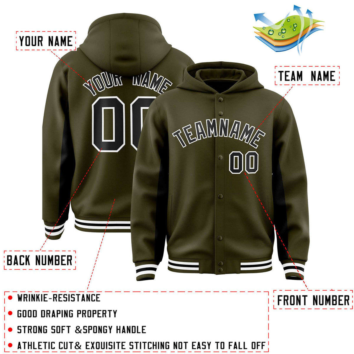 Custom Olive Black Color Block Varsity Full-Snap Letterman Jacket Hoodie| KXKSHOP