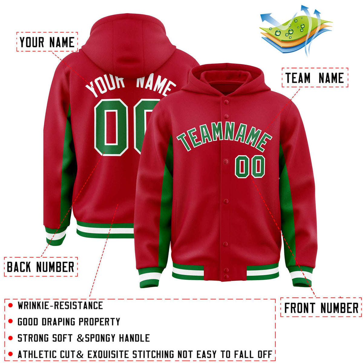 Custom Red Kelly Green Color Block Varsity Full-Snap Letterman Jacket Hoodie| KXKSHOP