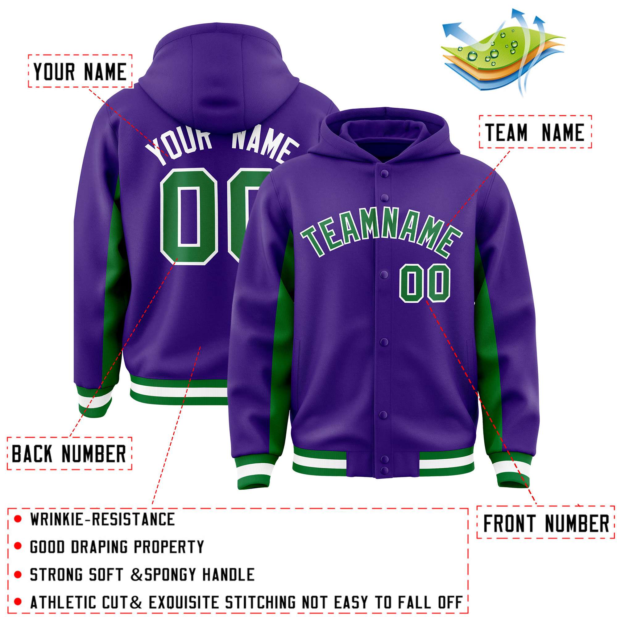 Custom Purple Kelly Green Color Block Varsity Full-Snap Letterman Jacket Hoodie| KXKSHOP