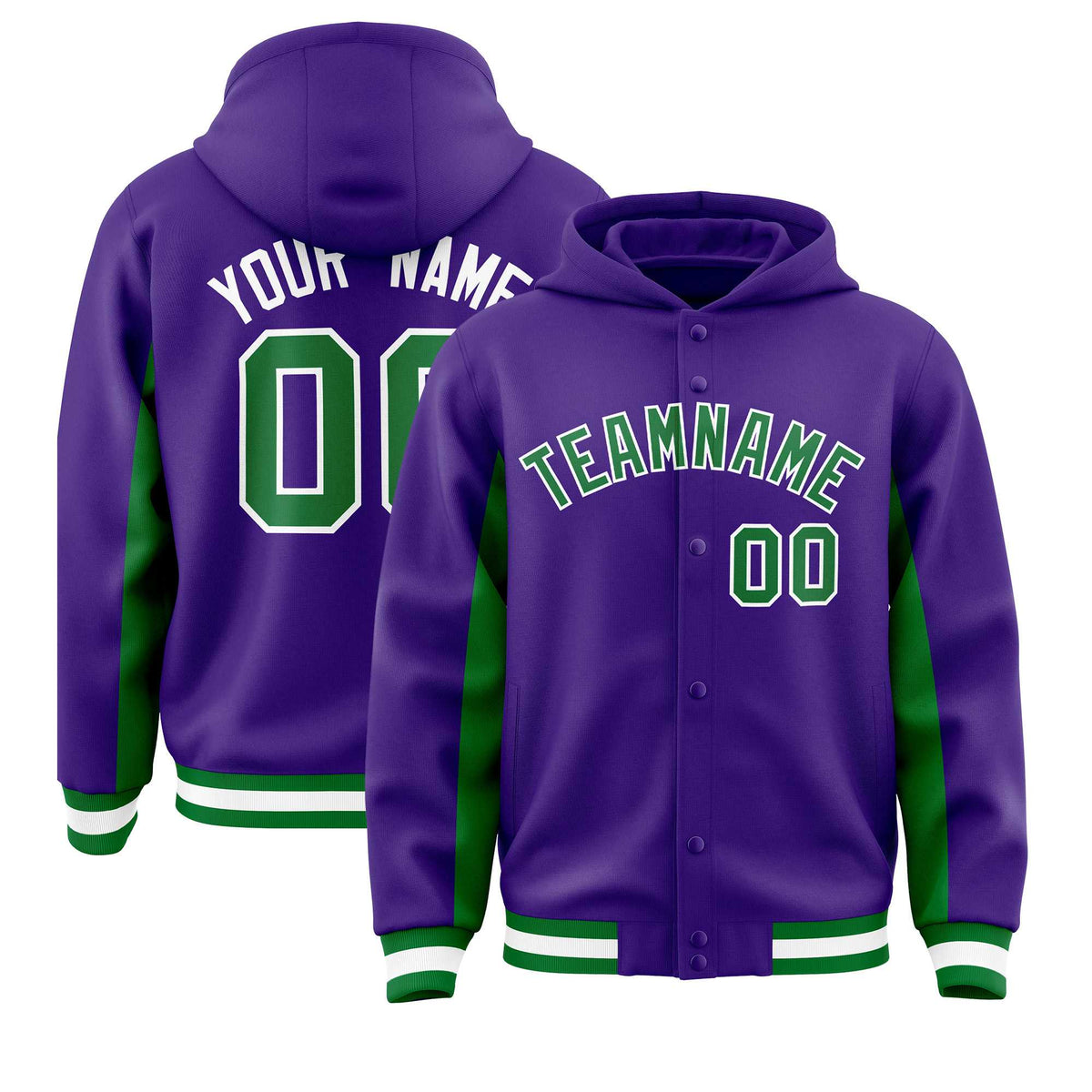 Custom Purple Kelly Green Color Block Varsity Full-Snap Letterman Jacket Hoodie| KXKSHOP