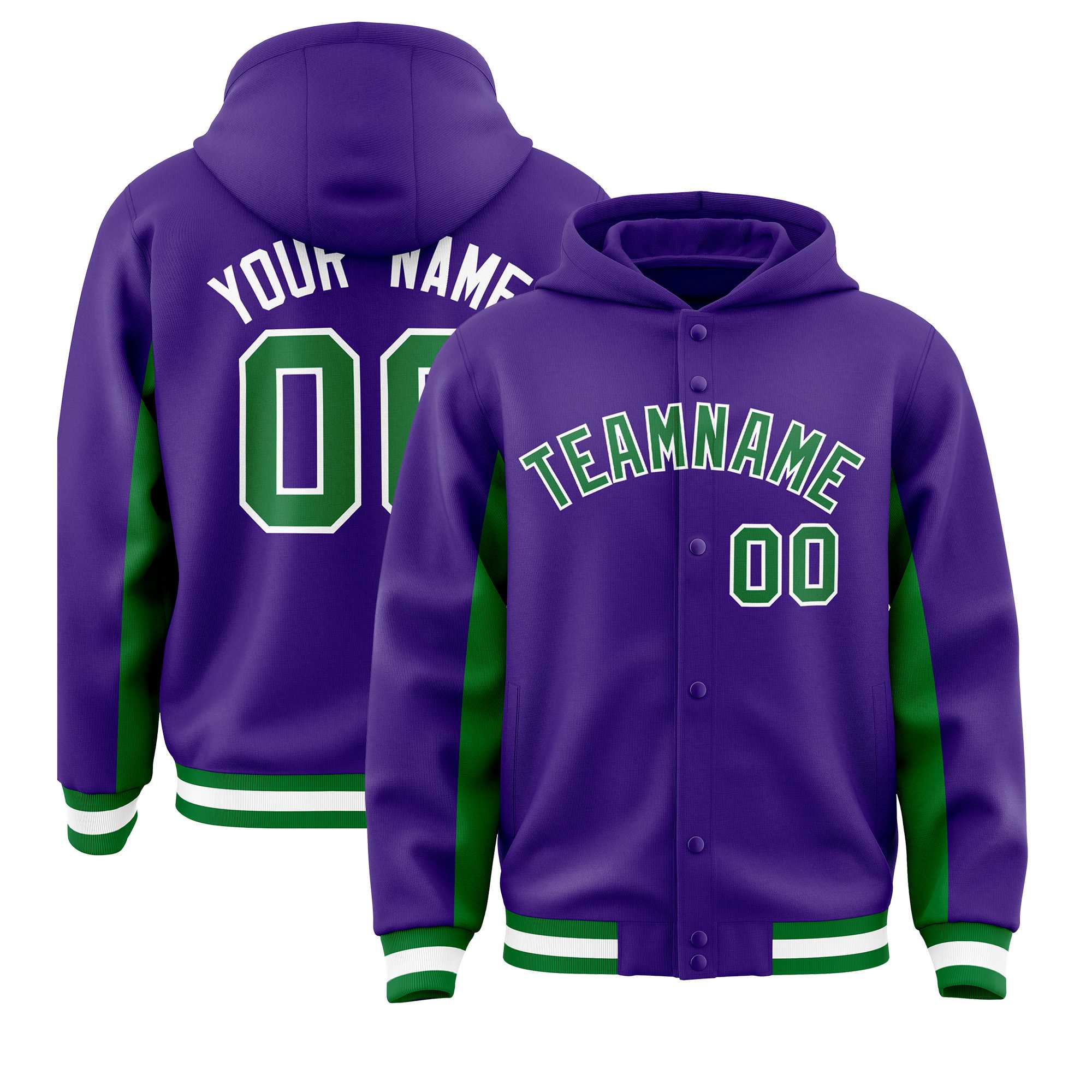 Custom Purple Kelly Green Color Block Varsity Full-Snap Letterman Jacket Hoodie| KXKSHOP