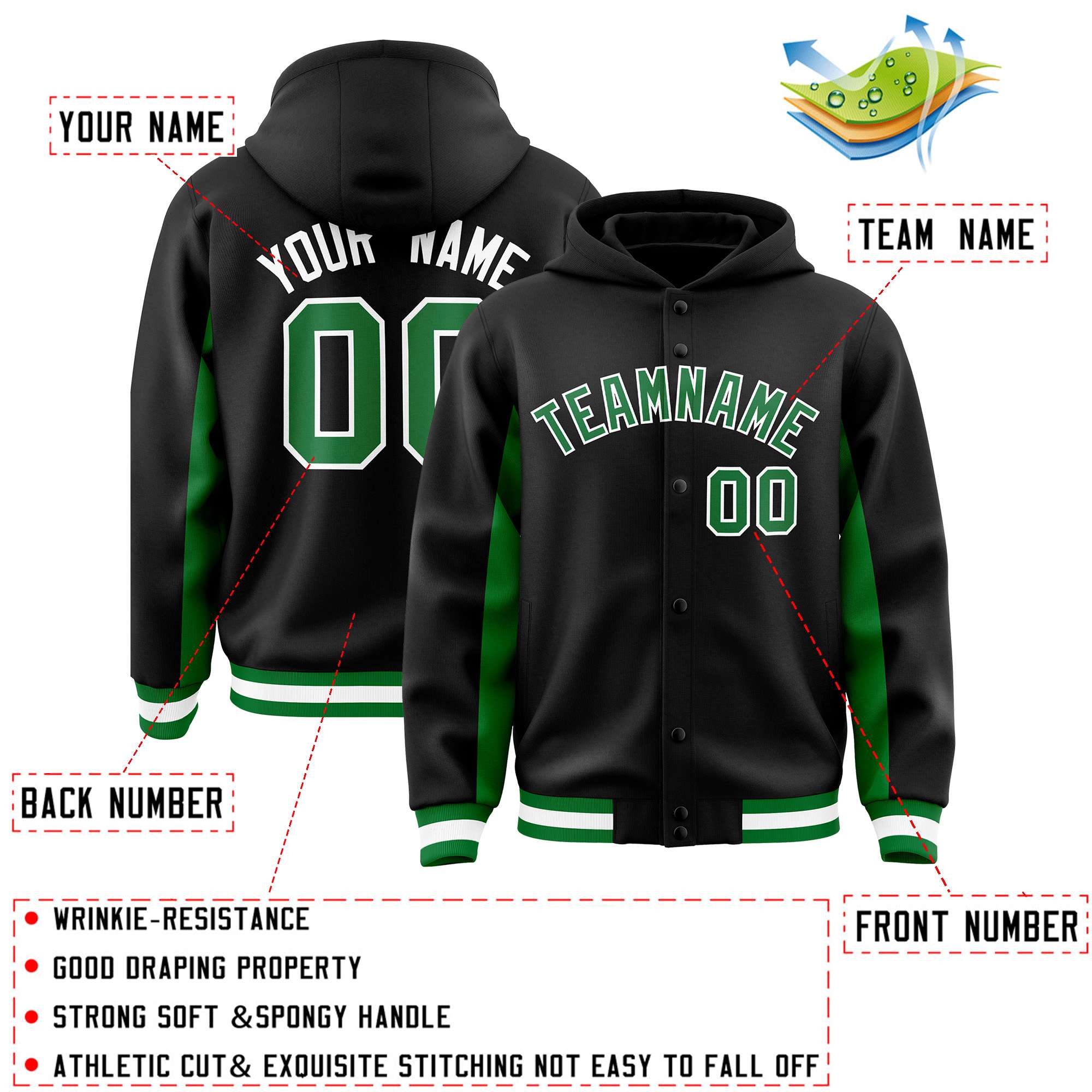 Custom Black Kelly Green Color Block Varsity Full-Snap Letterman Jacket Hoodie| KXKSHOP