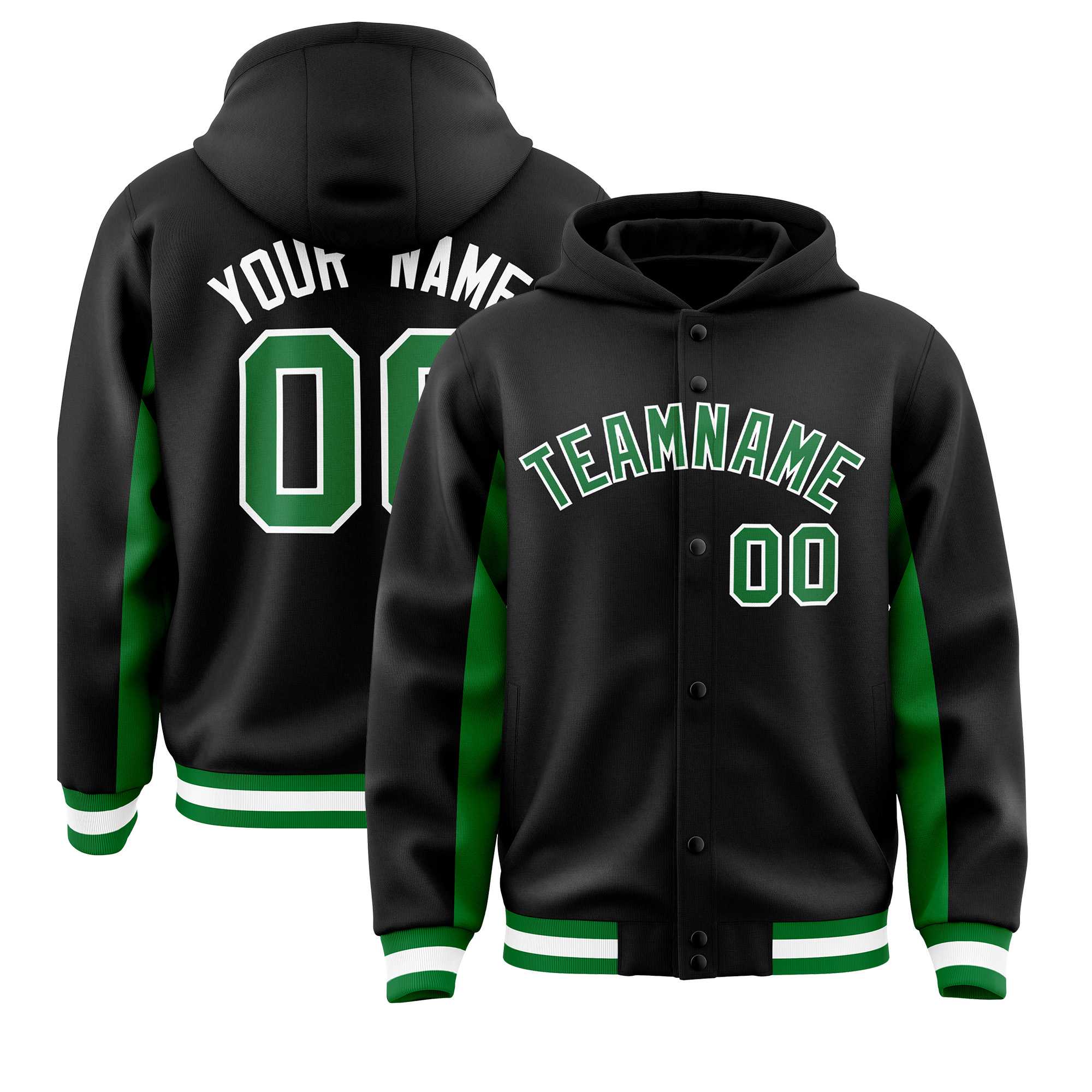 Custom Black Kelly Green Color Block Varsity Full-Snap Letterman Jacket Hoodie| KXKSHOP