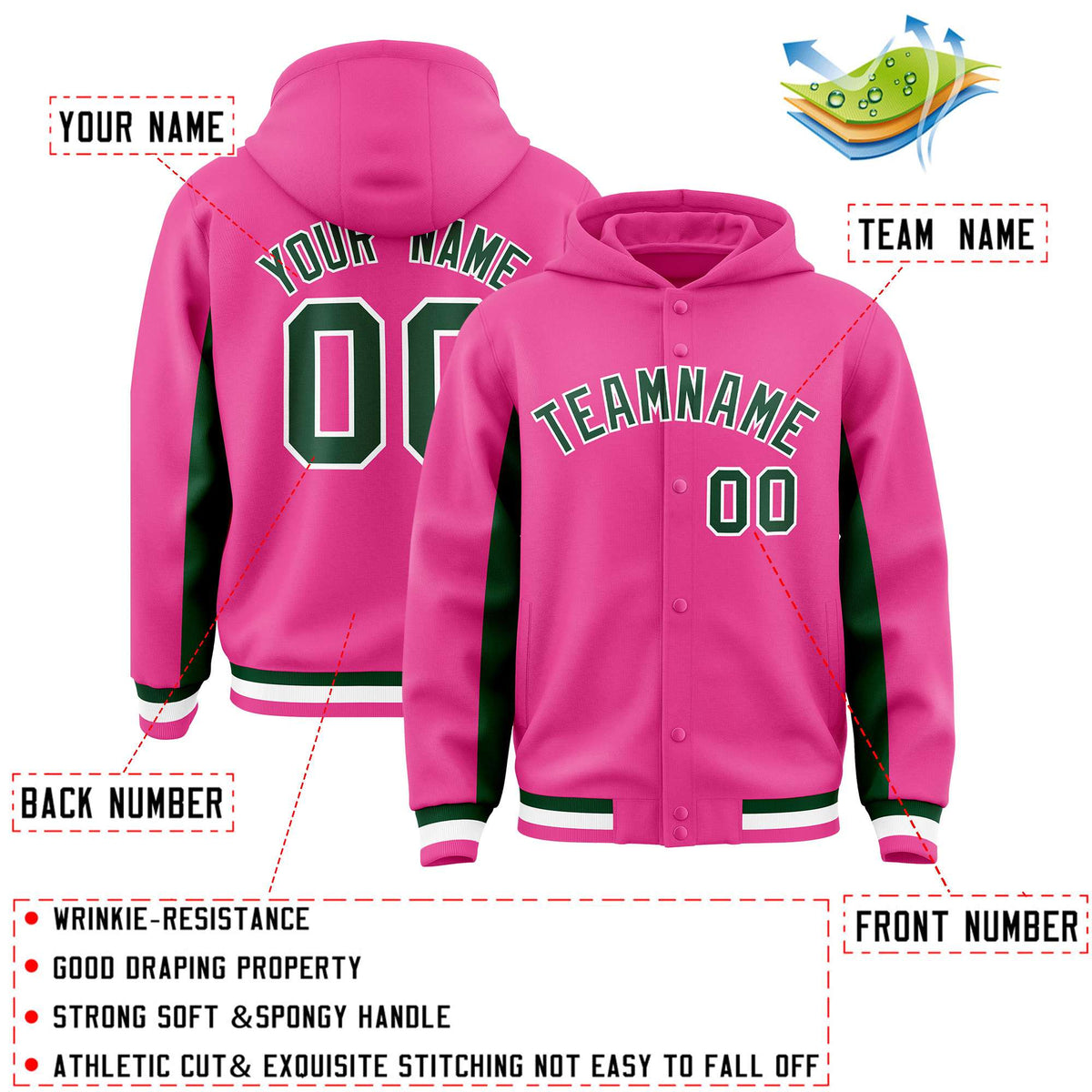 Custom Pink Green Color Block Varsity Full-Snap Letterman Jacket Hoodie| KXKSHOP