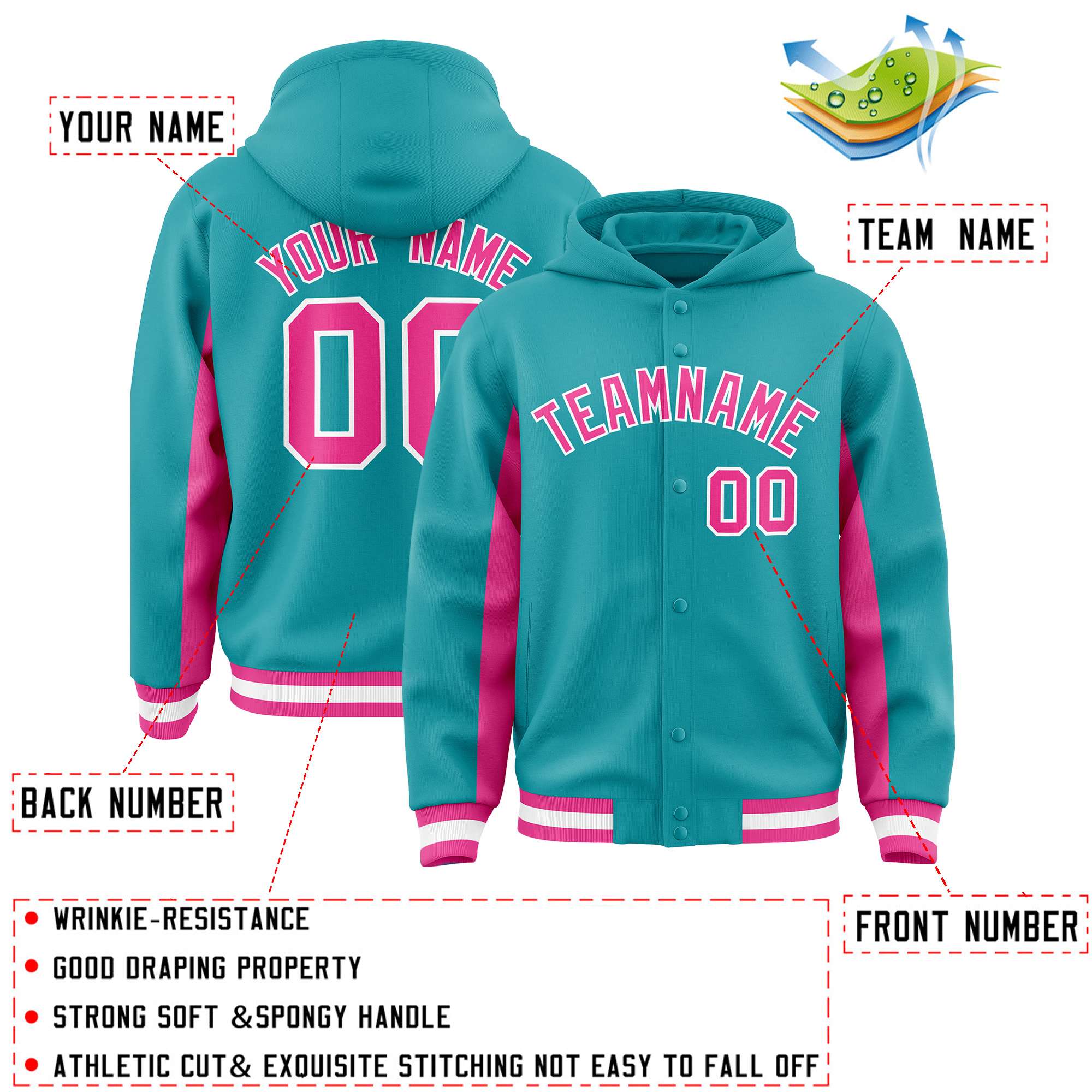 Custom Aqua Pink Color Block Varsity Full-Snap Letterman Jacket Hoodie| KXKSHOP
