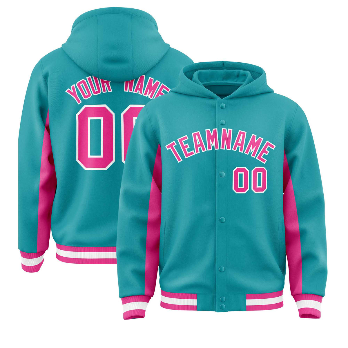 Custom Aqua Pink Color Block Varsity Full-Snap Letterman Jacket Hoodie| KXKSHOP