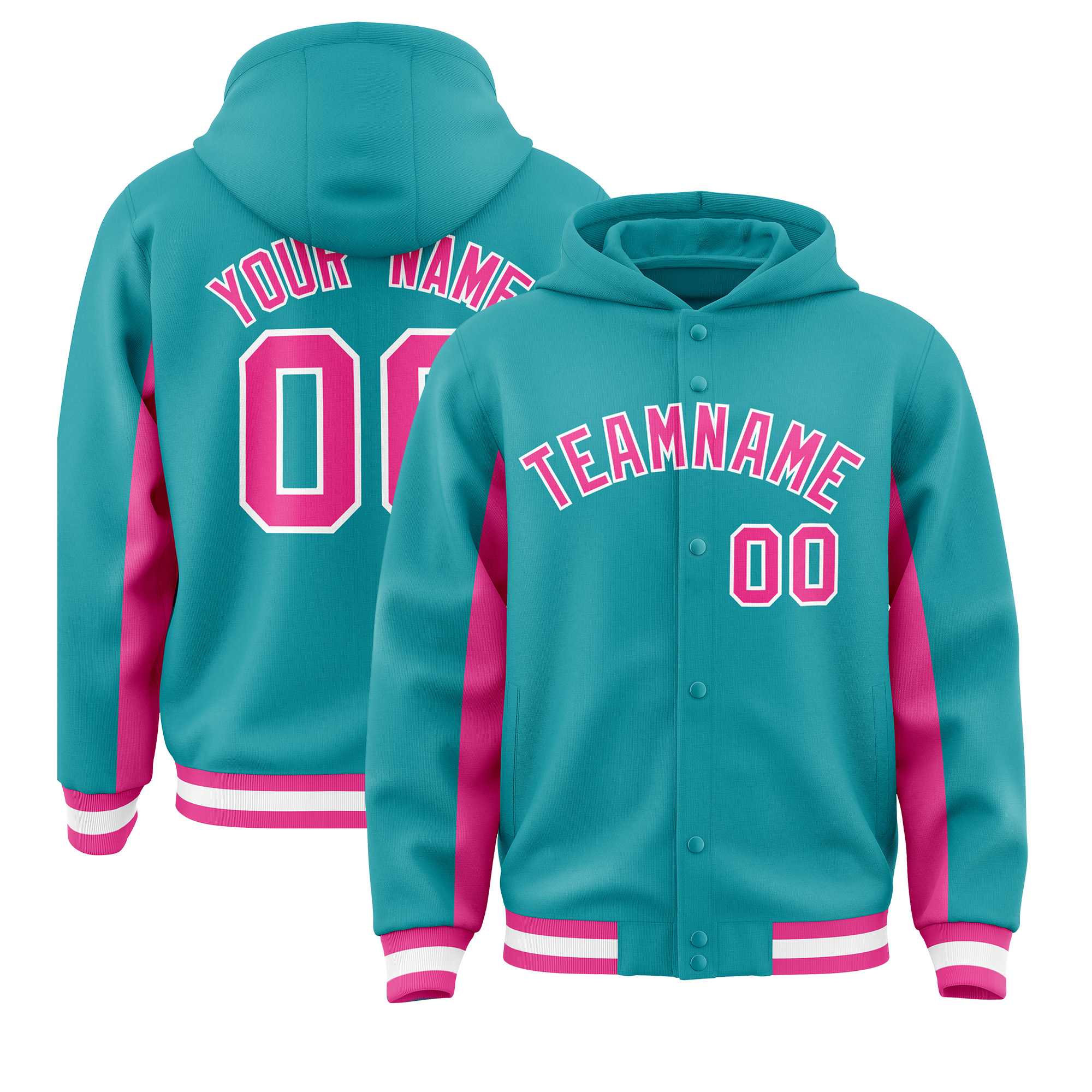Custom Aqua Pink Color Block Varsity Full-Snap Letterman Jacket Hoodie| KXKSHOP