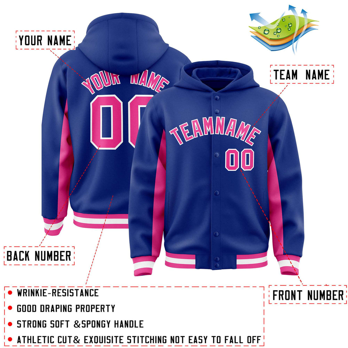 Custom Royal Pink Color Block Varsity Full-Snap Letterman Jacket Hoodie| KXKSHOP
