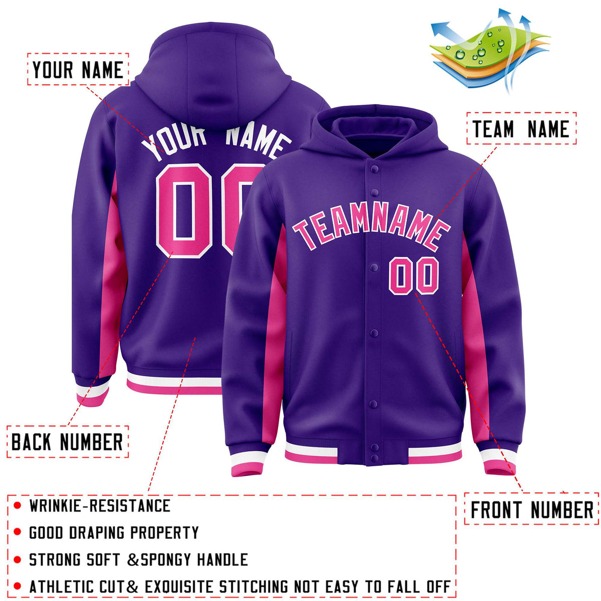 Custom Purple Pink Color Block Varsity Full-Snap Letterman Jacket Hoodie| KXKSHOP