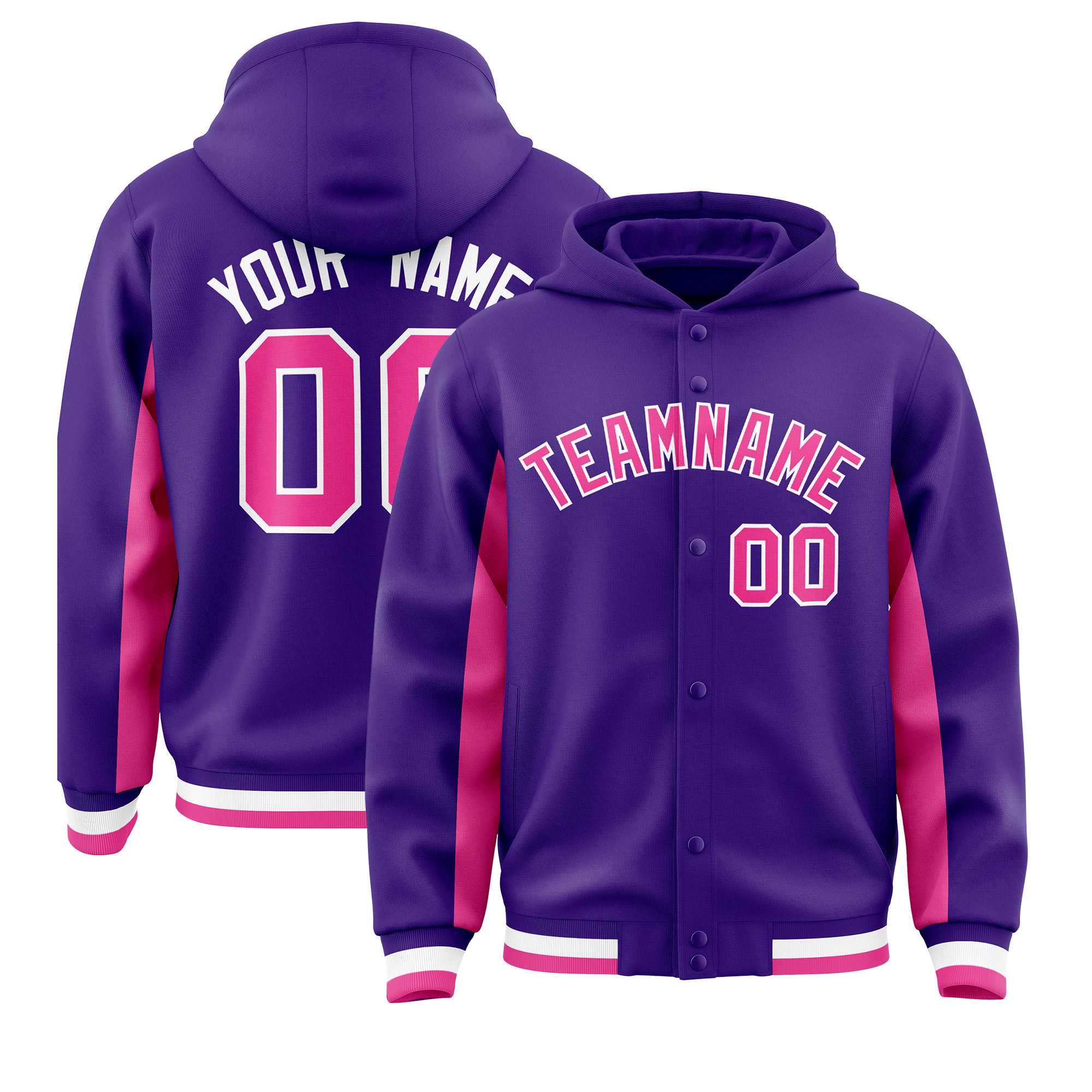 Custom Purple Pink Color Block Varsity Full-Snap Letterman Jacket Hoodie| KXKSHOP