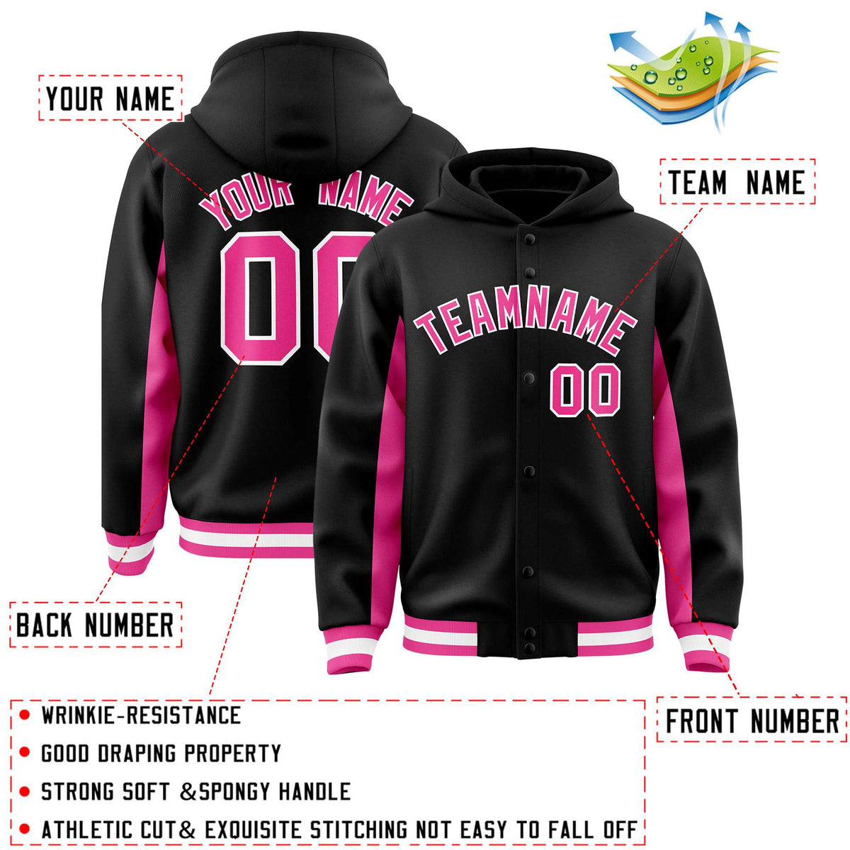 Custom Black Pink Color Block Varsity Full-Snap Letterman Jacket Hoodie| KXKSHOP