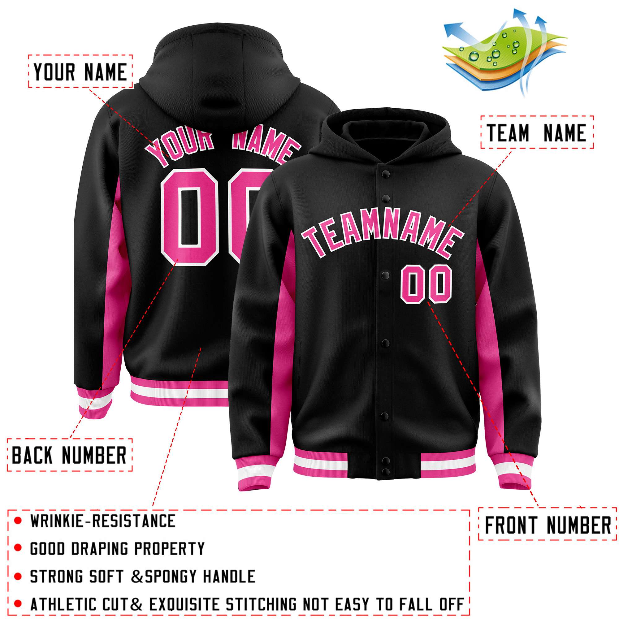 Custom Black Pink Color Block Varsity Full-Snap Letterman Jacket Hoodie| KXKSHOP