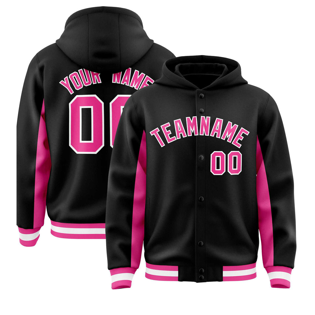 Custom Black Pink Color Block Varsity Full-Snap Letterman Jacket Hoodie| KXKSHOP