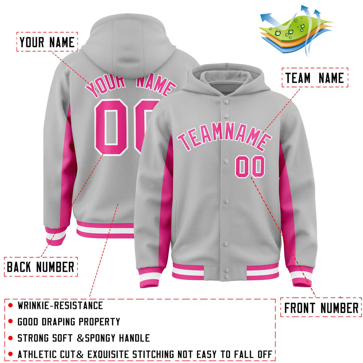 Custom Gray Pink Color Block Varsity Full-Snap Letterman Jacket Hoodie| KXKSHOP