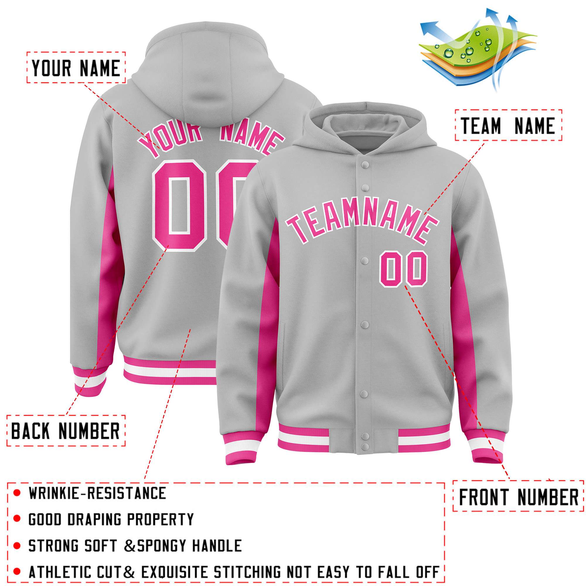 Custom Gray Pink Color Block Varsity Full-Snap Letterman Jacket Hoodie| KXKSHOP