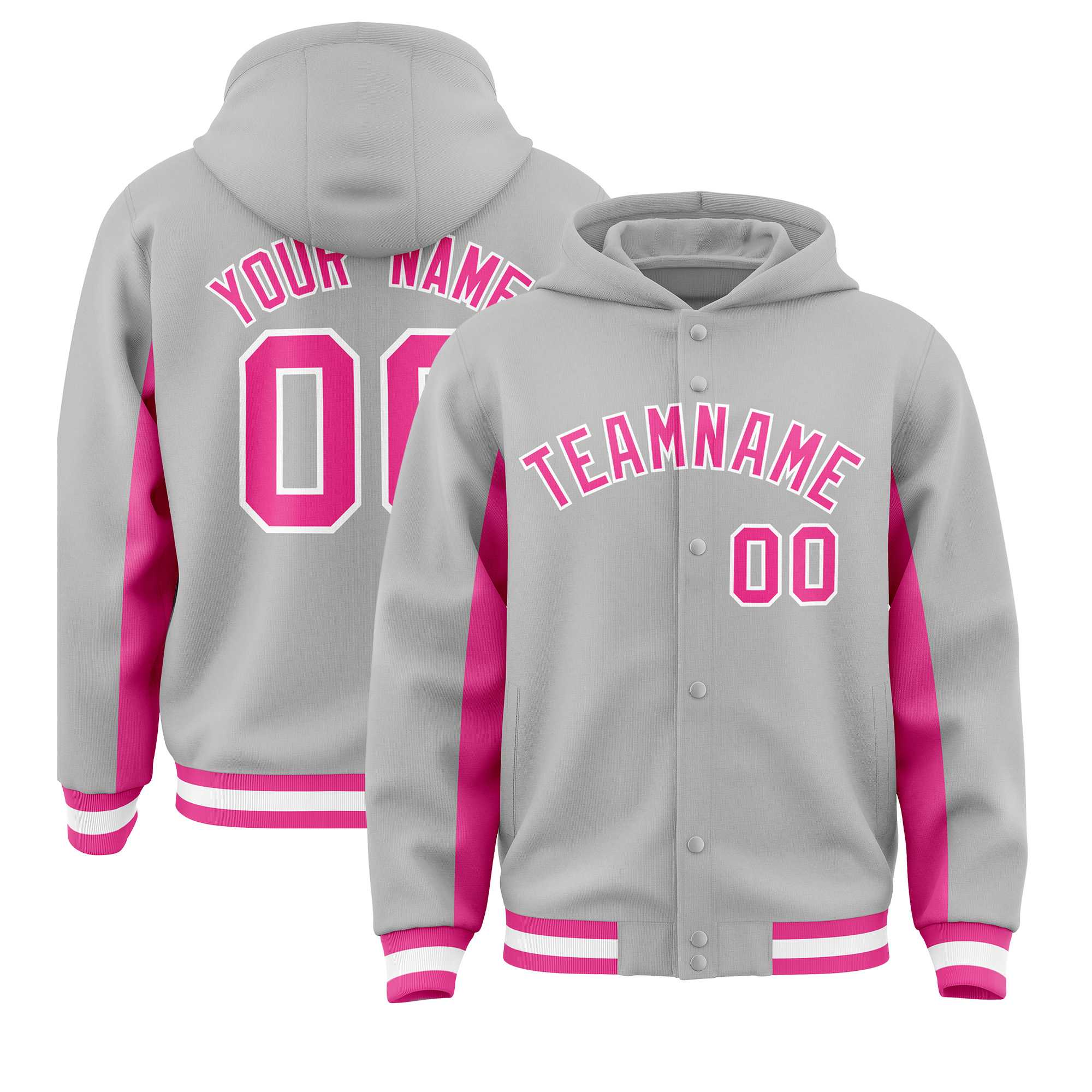 Custom Gray Pink Color Block Varsity Full-Snap Letterman Jacket Hoodie| KXKSHOP