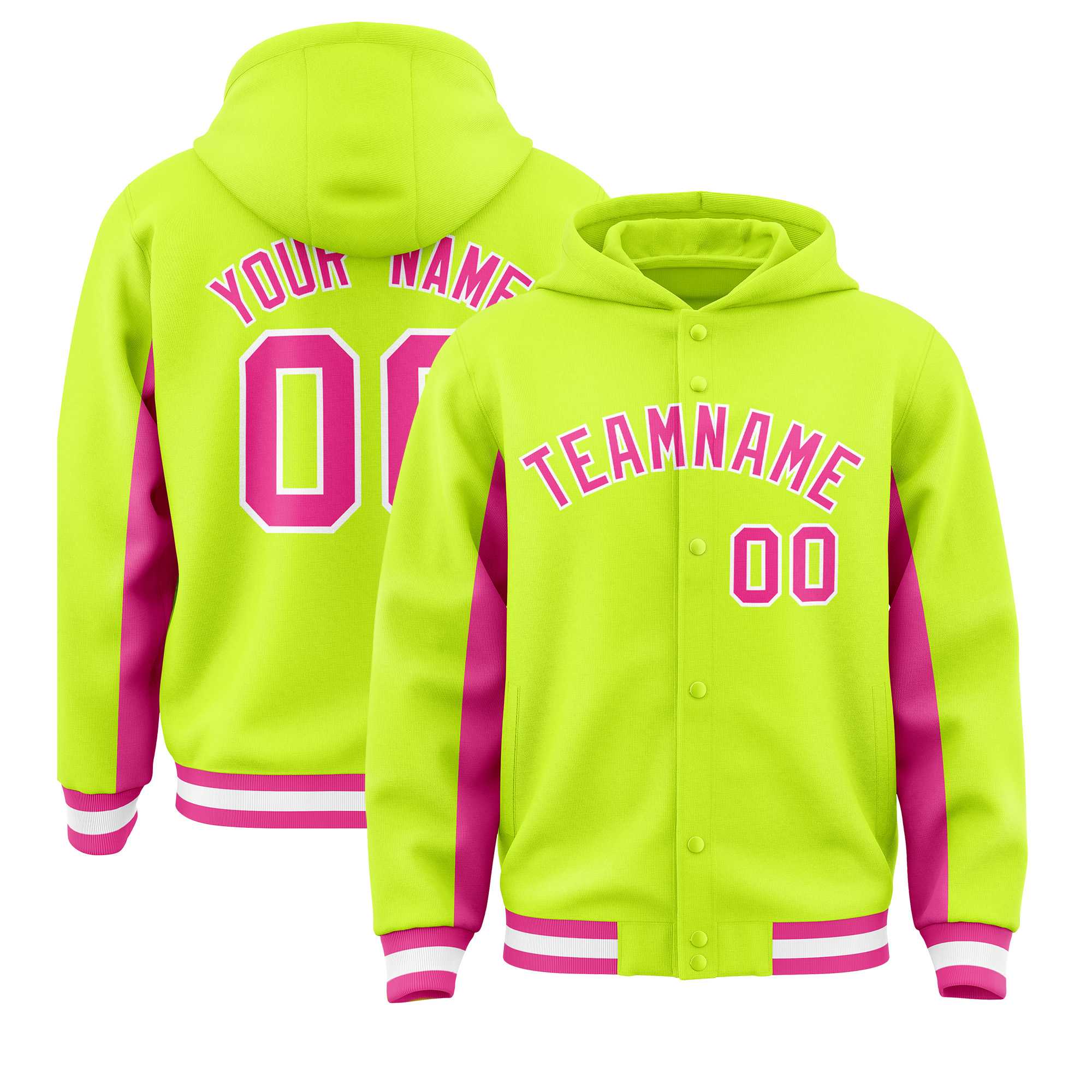 Custom Neon Green Pink Color Block Varsity Full-Snap Letterman Jacket Hoodie| KXKSHOP