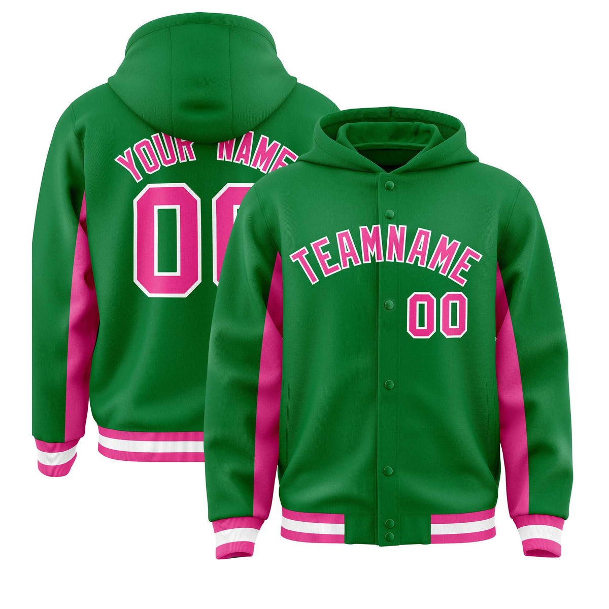 Custom Kelly Green Pink Color Block Varsity Full-Snap Letterman Jacket Hoodie| KXKSHOP