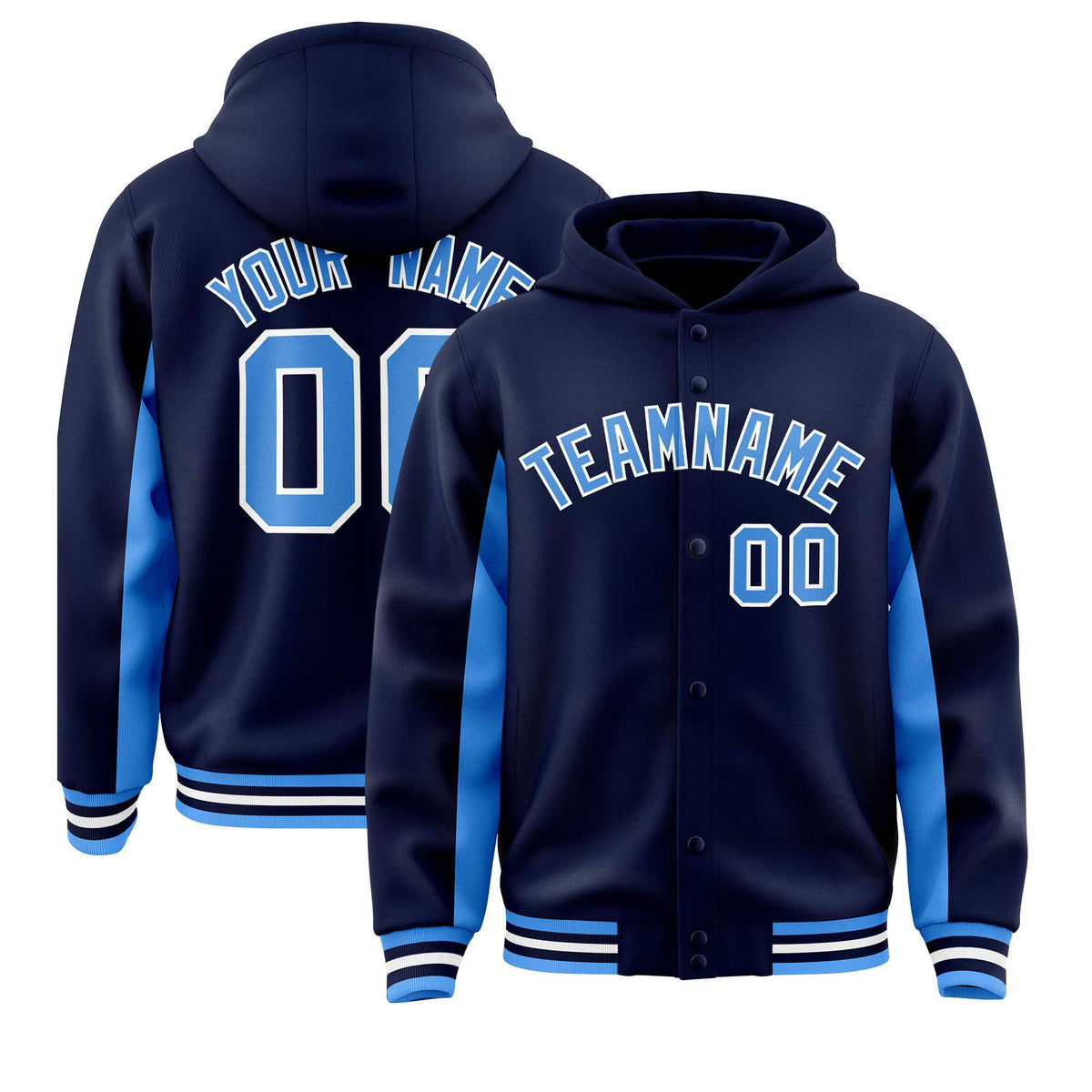 Custom Navy Powder Blue Color Block Varsity Full-Snap Letterman Jacket Hoodie| KXKSHOP