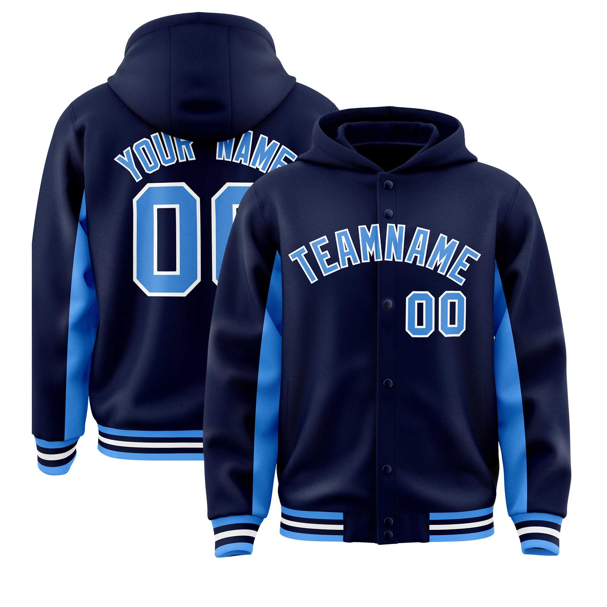 Custom Navy Powder Blue Color Block Varsity Full-Snap Letterman Jacket Hoodie| KXKSHOP