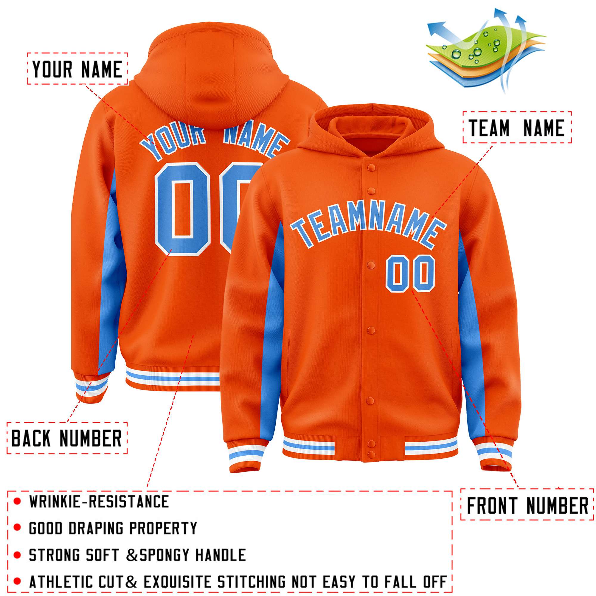 Custom Orange Powder Blue Color Block Varsity Full-Snap Letterman Jacket Hoodie| KXKSHOP