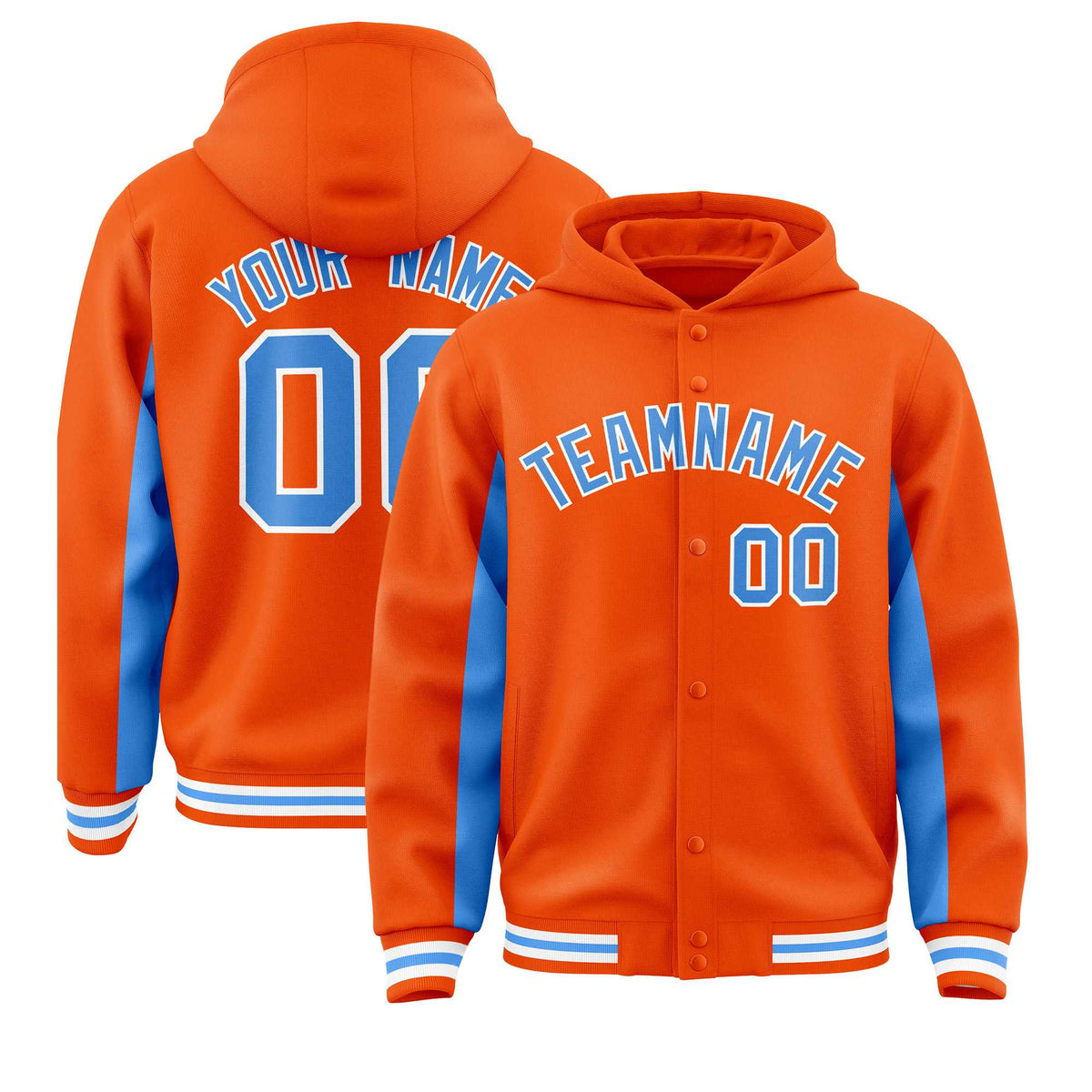 Custom Orange Powder Blue Color Block Varsity Full-Snap Letterman Jacket Hoodie| KXKSHOP