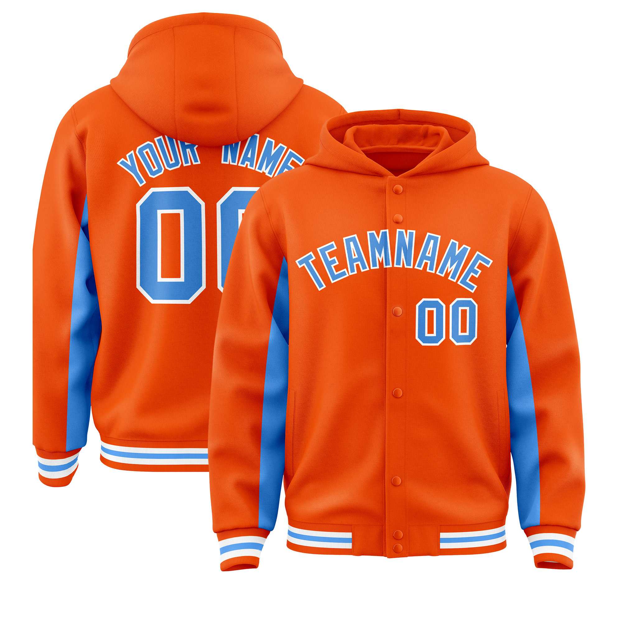 Custom Orange Powder Blue Color Block Varsity Full-Snap Letterman Jacket Hoodie| KXKSHOP