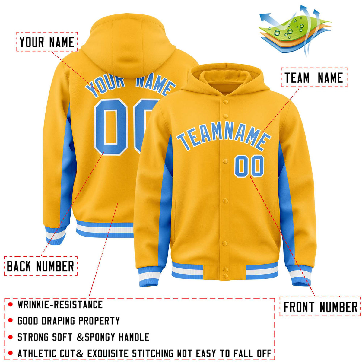 Custom Gold Powder Blue Color Block Varsity Full-Snap Letterman Jacket Hoodie| KXKSHOP
