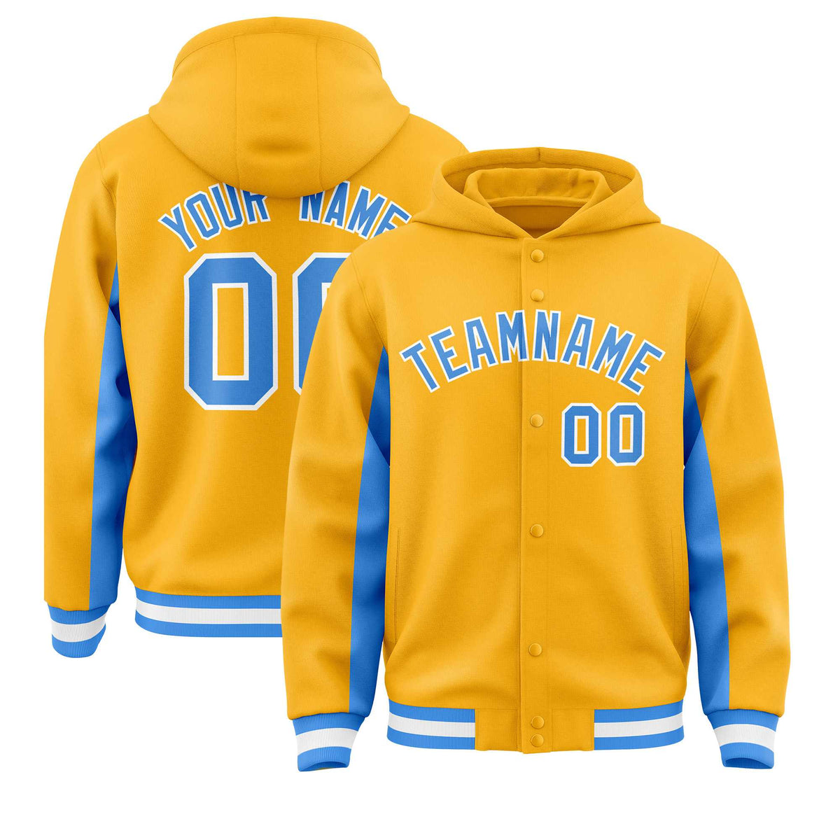 Custom Gold Powder Blue Color Block Varsity Full-Snap Letterman Jacket Hoodie| KXKSHOP