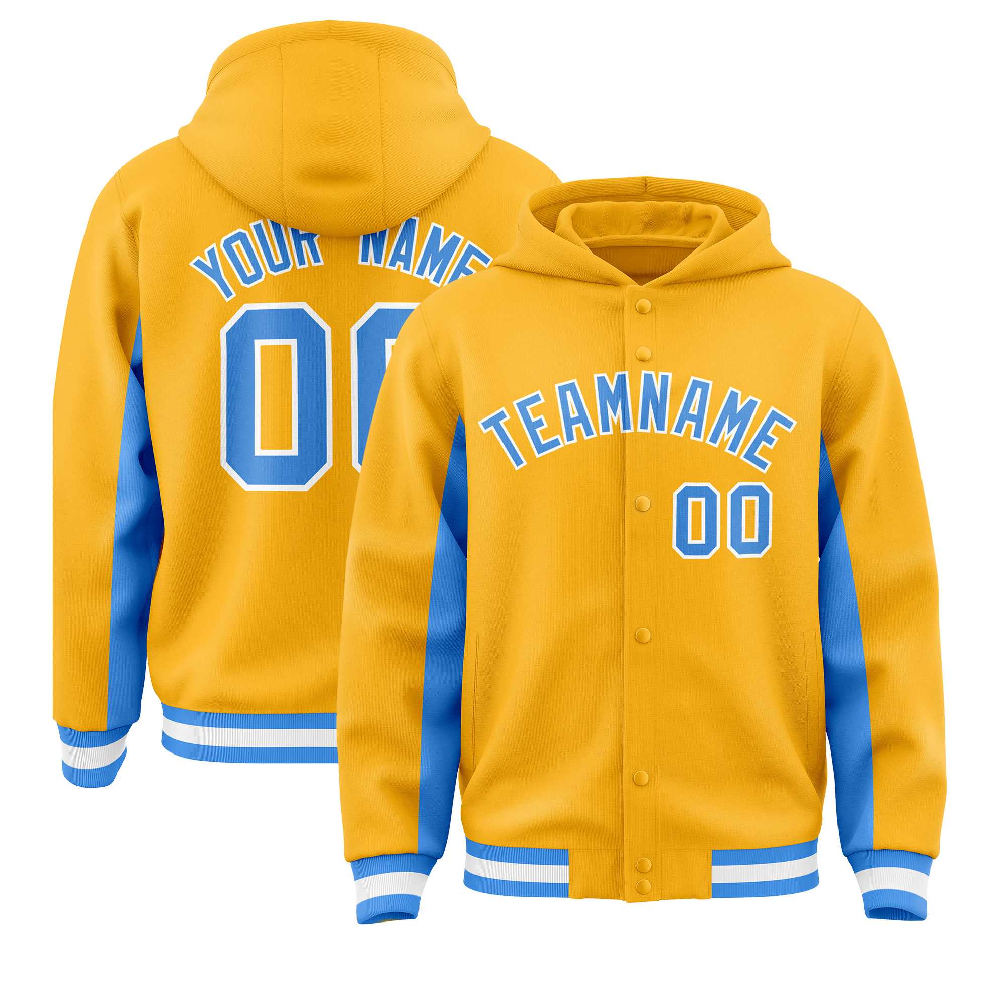 Custom Gold Powder Blue Color Block Varsity Full-Snap Letterman Jacket Hoodie| KXKSHOP