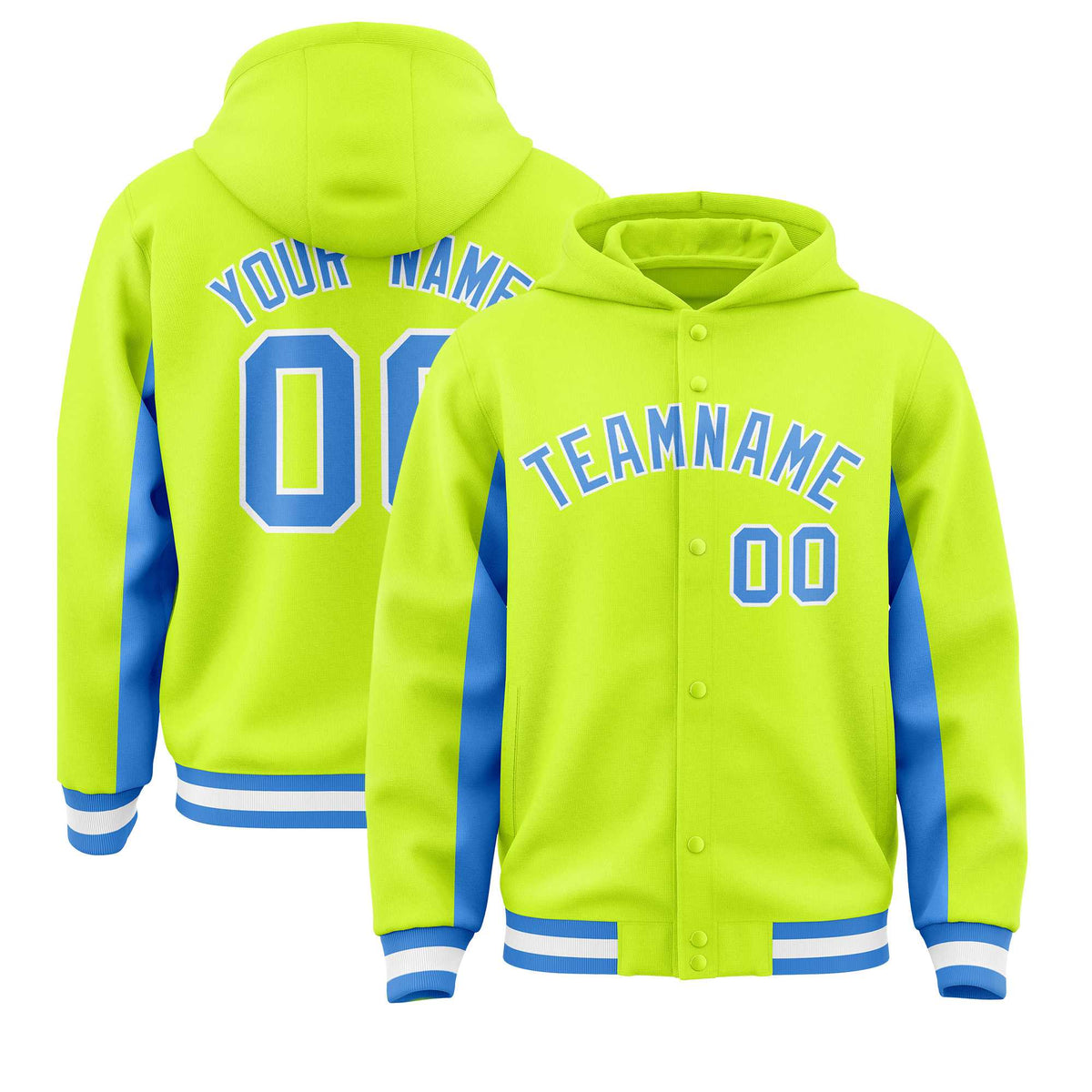 Custom Neon Green Powder Blue Color Block Varsity Full-Snap Letterman Jacket Hoodie| KXKSHOP