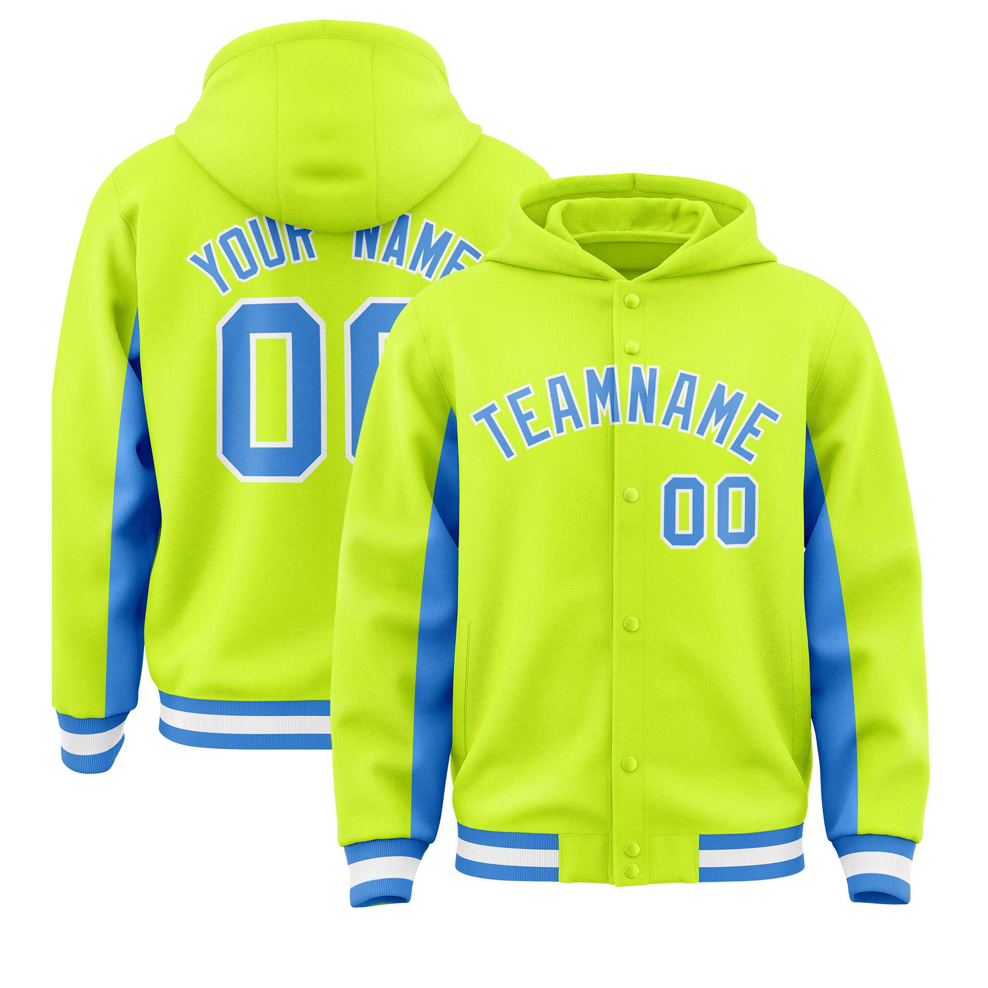 Custom Neon Green Powder Blue Color Block Varsity Full-Snap Letterman Jacket Hoodie| KXKSHOP