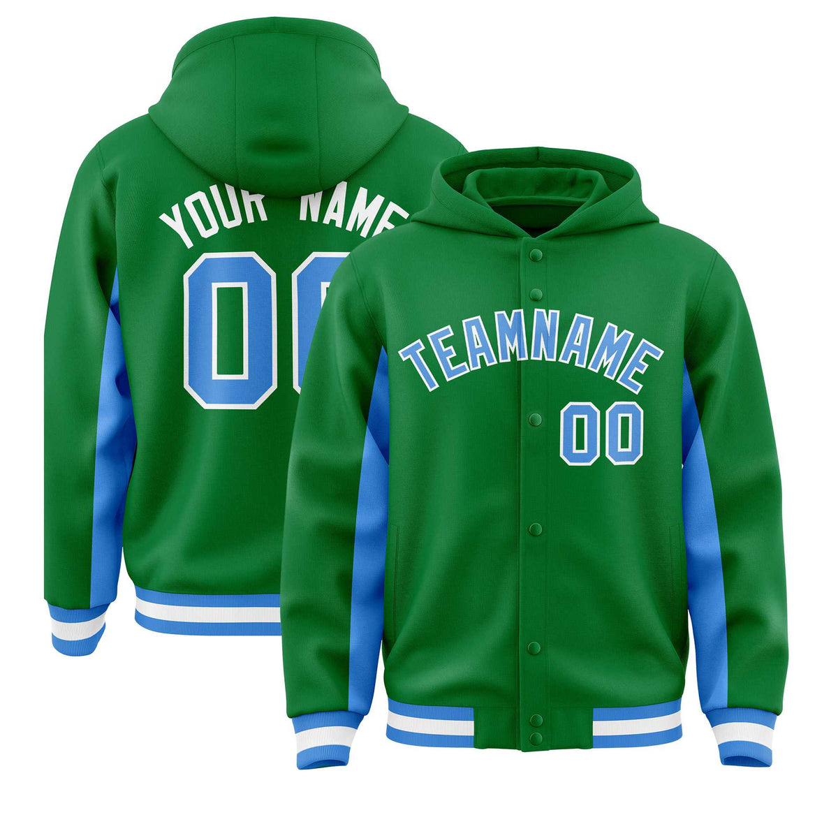 Custom Kelly Green Powder Blue Color Block Varsity Full-Snap Letterman Jacket Hoodie| KXKSHOP