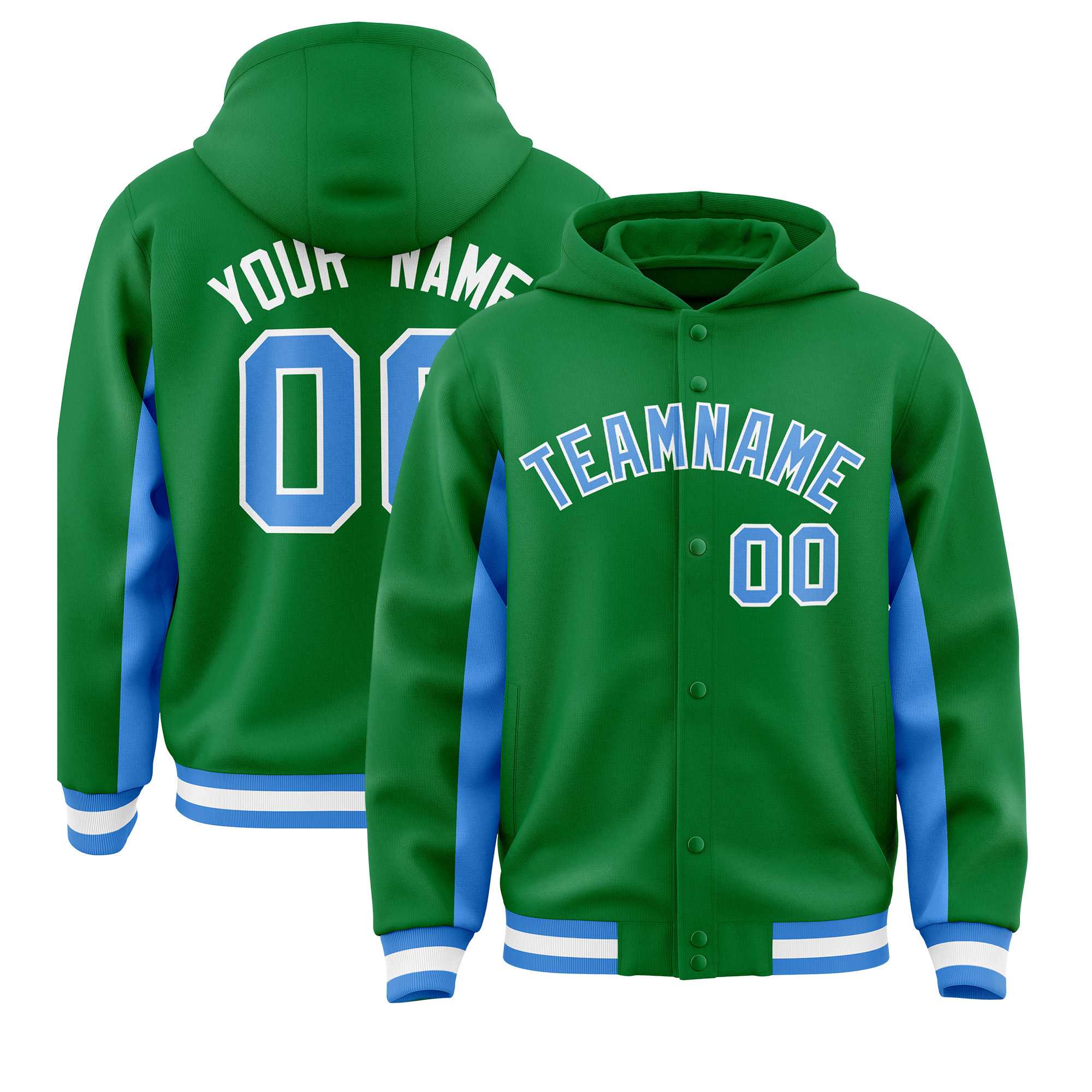 Custom Kelly Green Powder Blue Color Block Varsity Full-Snap Letterman Jacket Hoodie| KXKSHOP