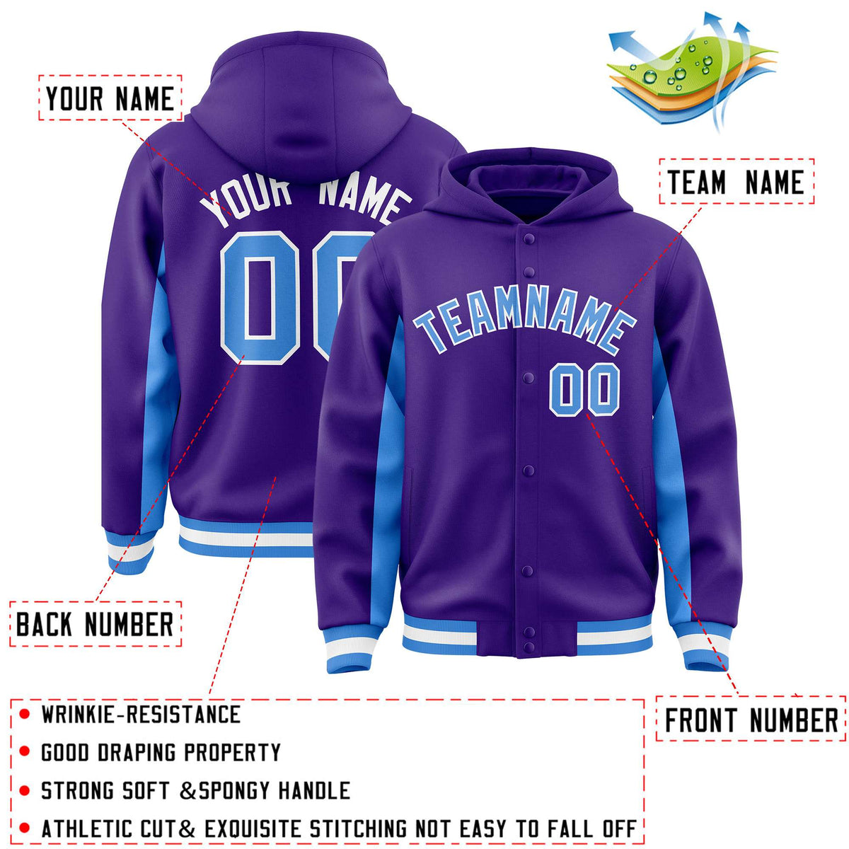 Custom Purple Powder Blue Color Block Varsity Full-Snap Letterman Jacket Hoodie| KXKSHOP