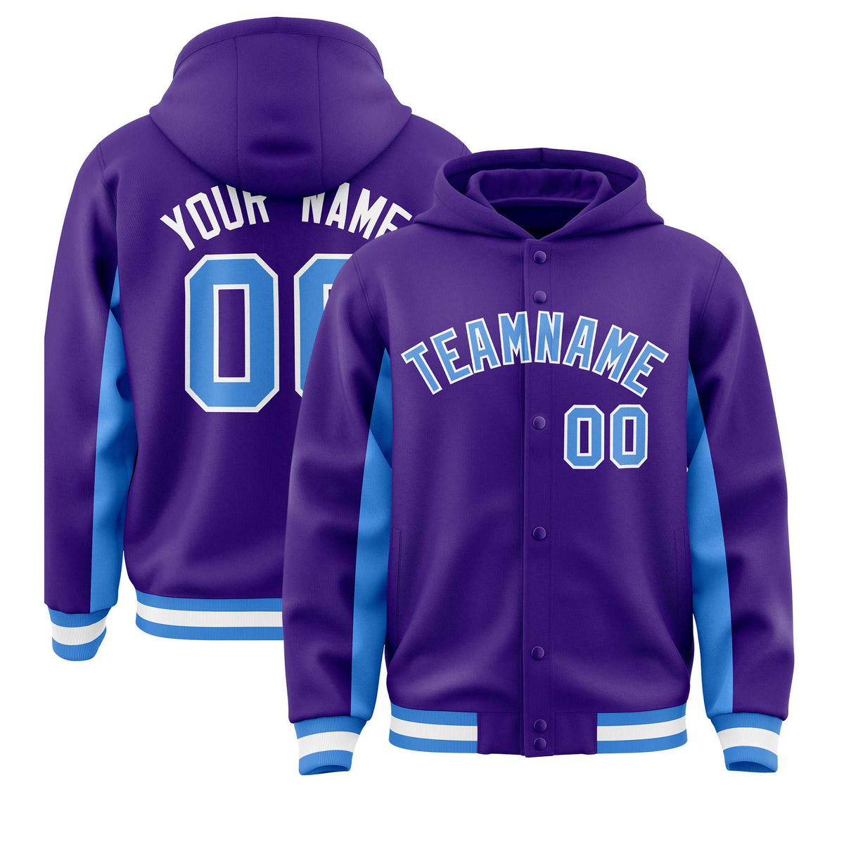 Custom Purple Powder Blue Color Block Varsity Full-Snap Letterman Jacket Hoodie| KXKSHOP